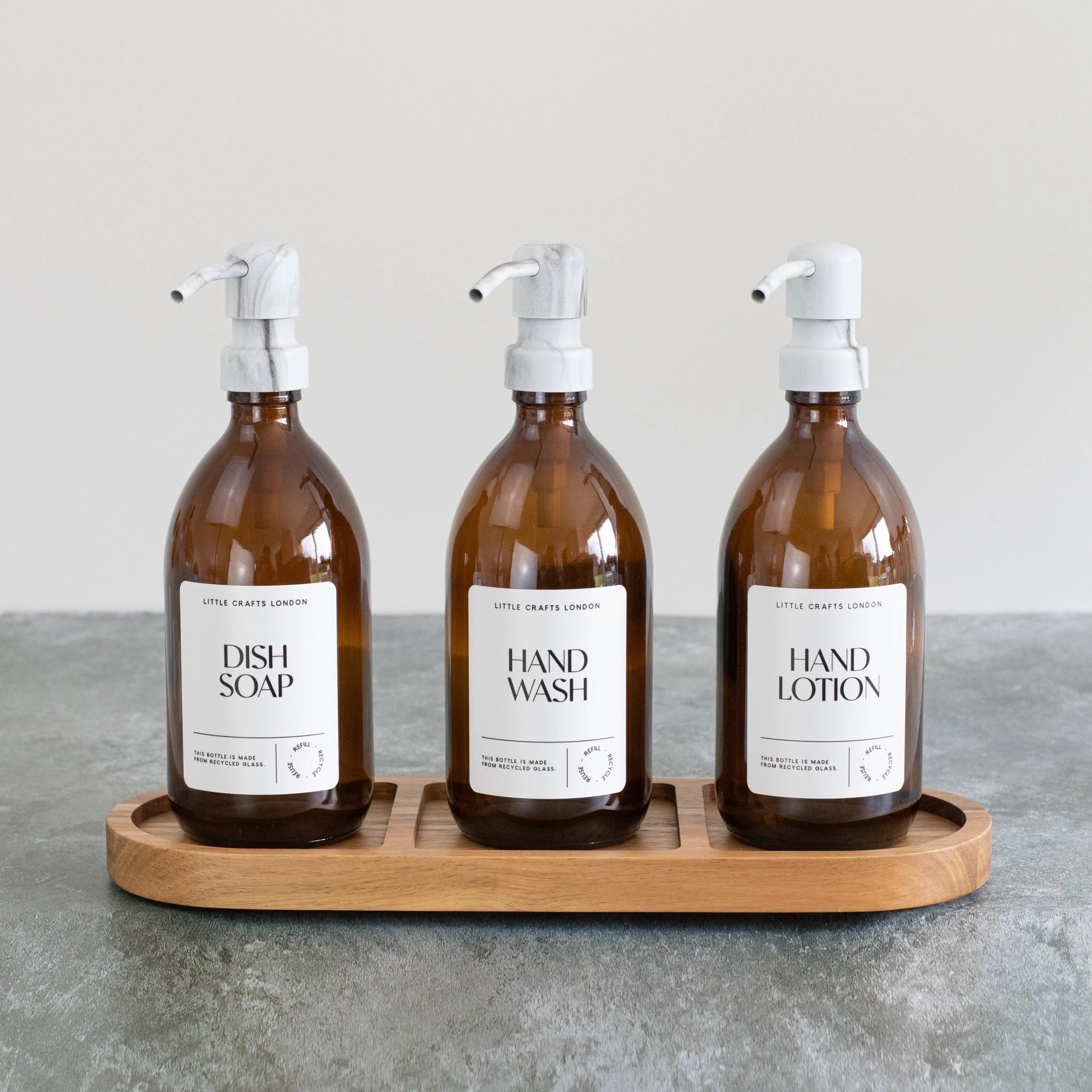 (Limited Availability) Set of 3 Reusable Amber Glass Bottles 500 ML with Metal Pump and Long Tray - Image 4