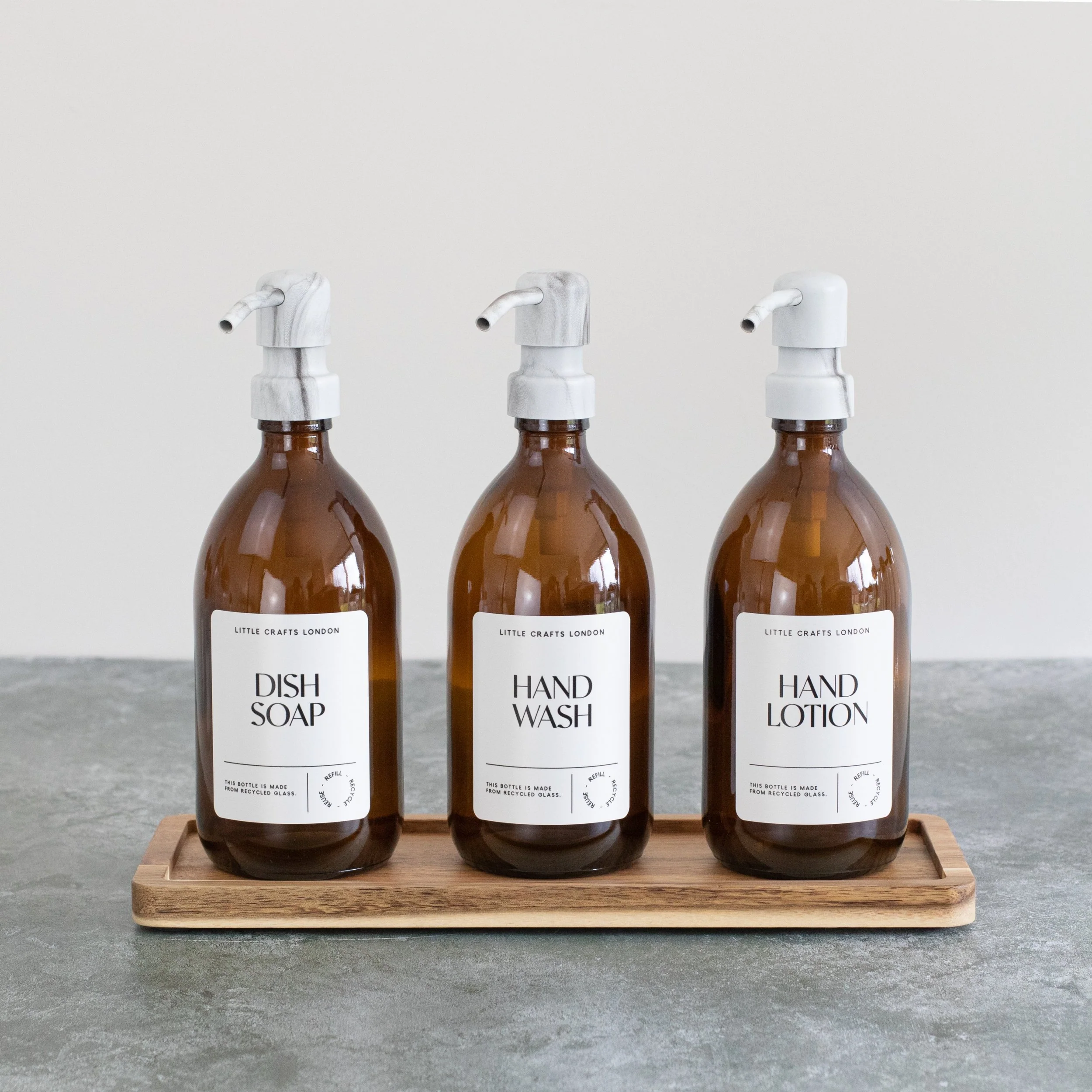 (Limited Availability) Set of 3 Reusable Amber Glass Bottles 500 ML with Metal Pump and Long Tray - Image 5