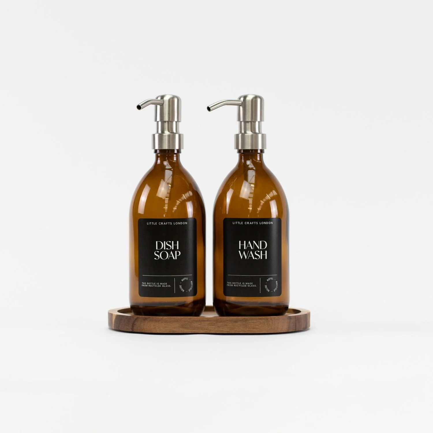 Set of 2 Amber Glass Bottle 500 ML with Metal Pump & Oval Tray (Black Label)