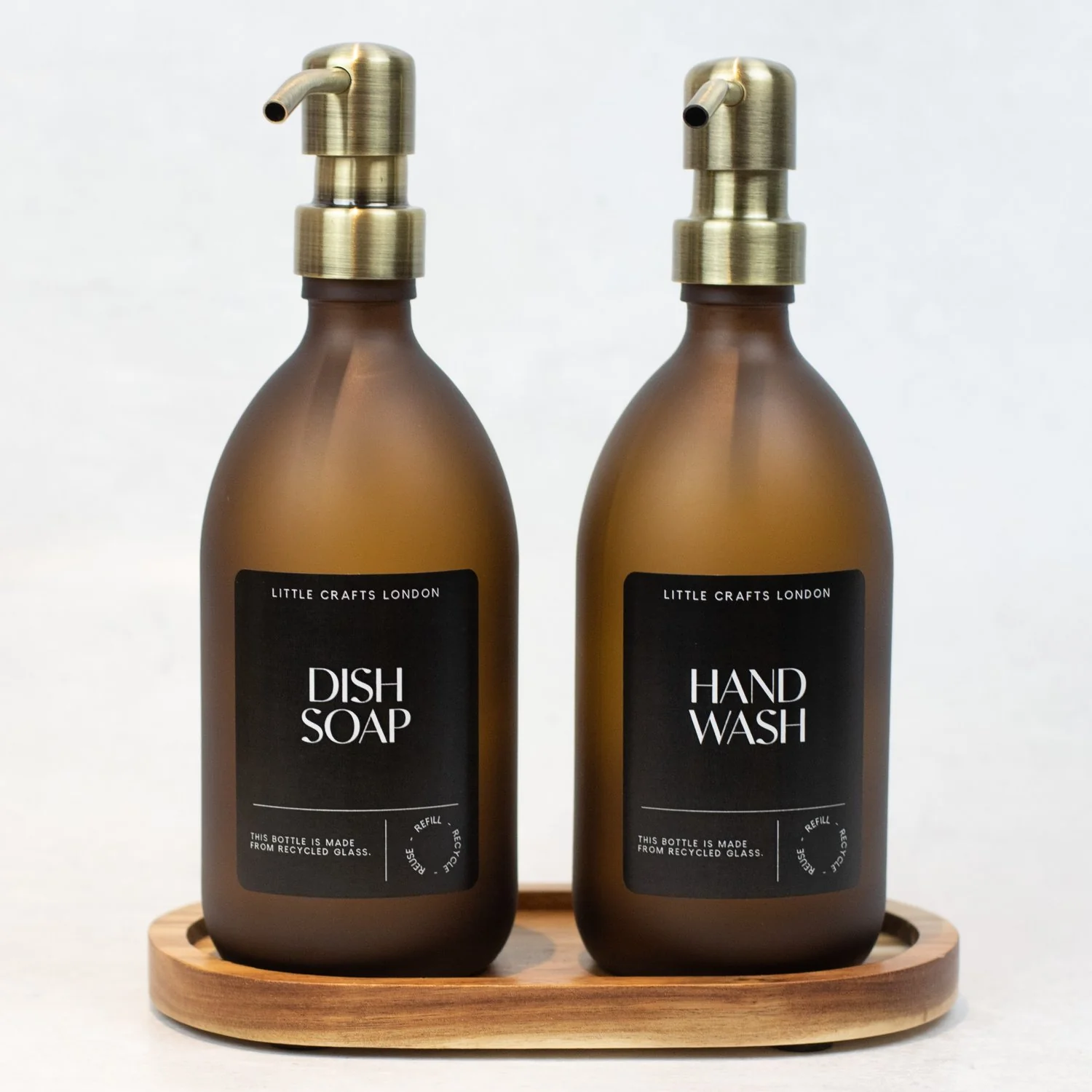 Set of 2 Frosted Amber Glass Bottle 500 ML with Metal Pump & Small Tray Black Label - Image 2