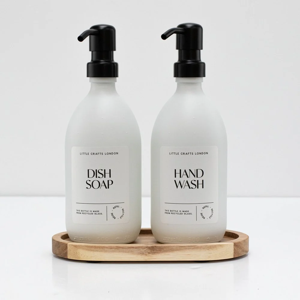 Set of 2 Milky White Glass Bottle 500 ML with Metal Pump & Small Tray (White Label) - Image 5