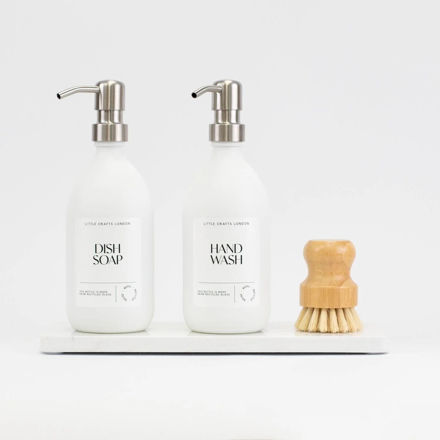 Set of 2 Milky White Glass Bottles 500 ML Long Rectangle Tray & Dish Brush