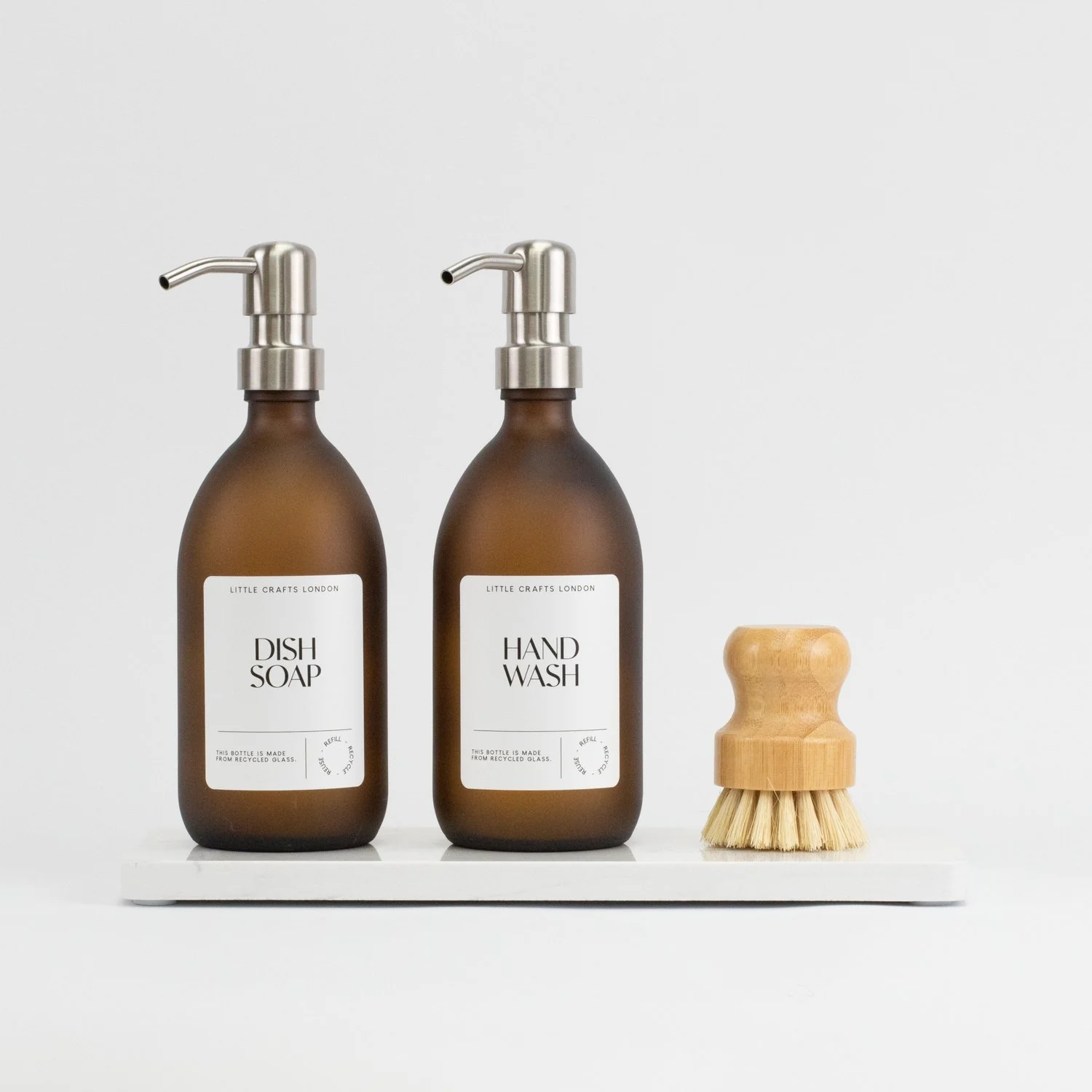 Set of 2 *Frosted* Amber Glass Bottles 500 ML Long Rectangle Tray & Dish Brush