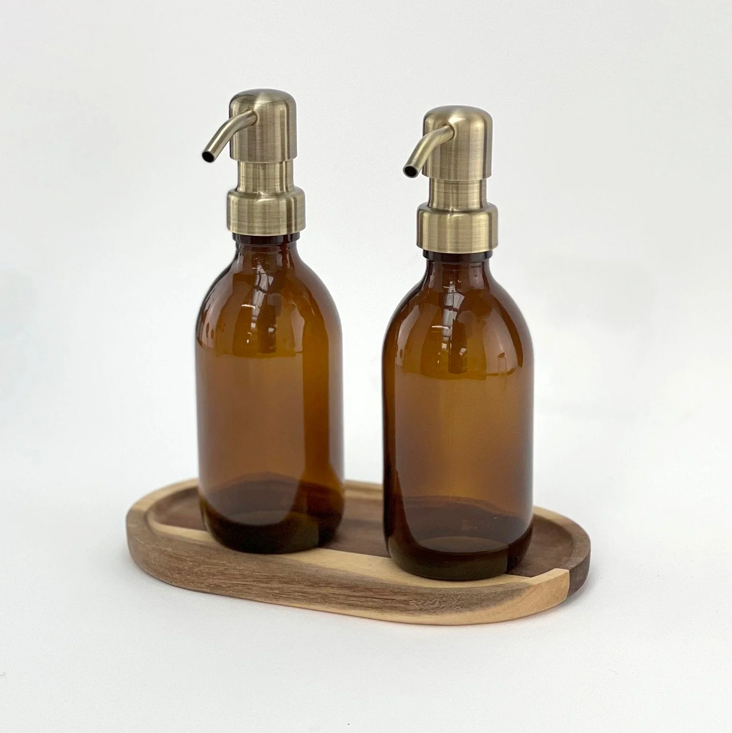 Set of 2x Amber Glass Bottles 300 ML Blank Metal pump & Oval Acacia Tray