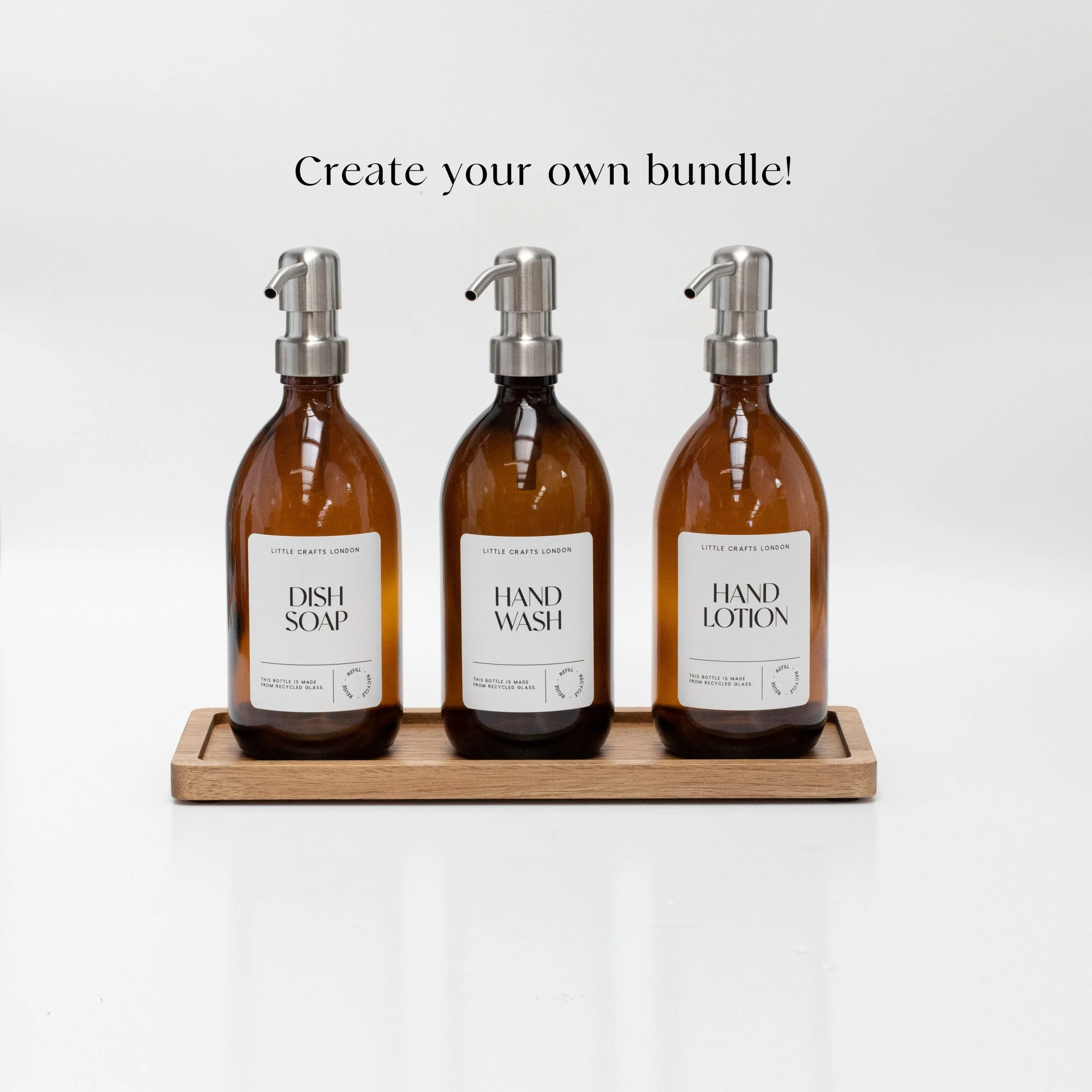 Set of 3 Reusable Amber Glass Bottles 500 ML with Metal Pump and Long Tray