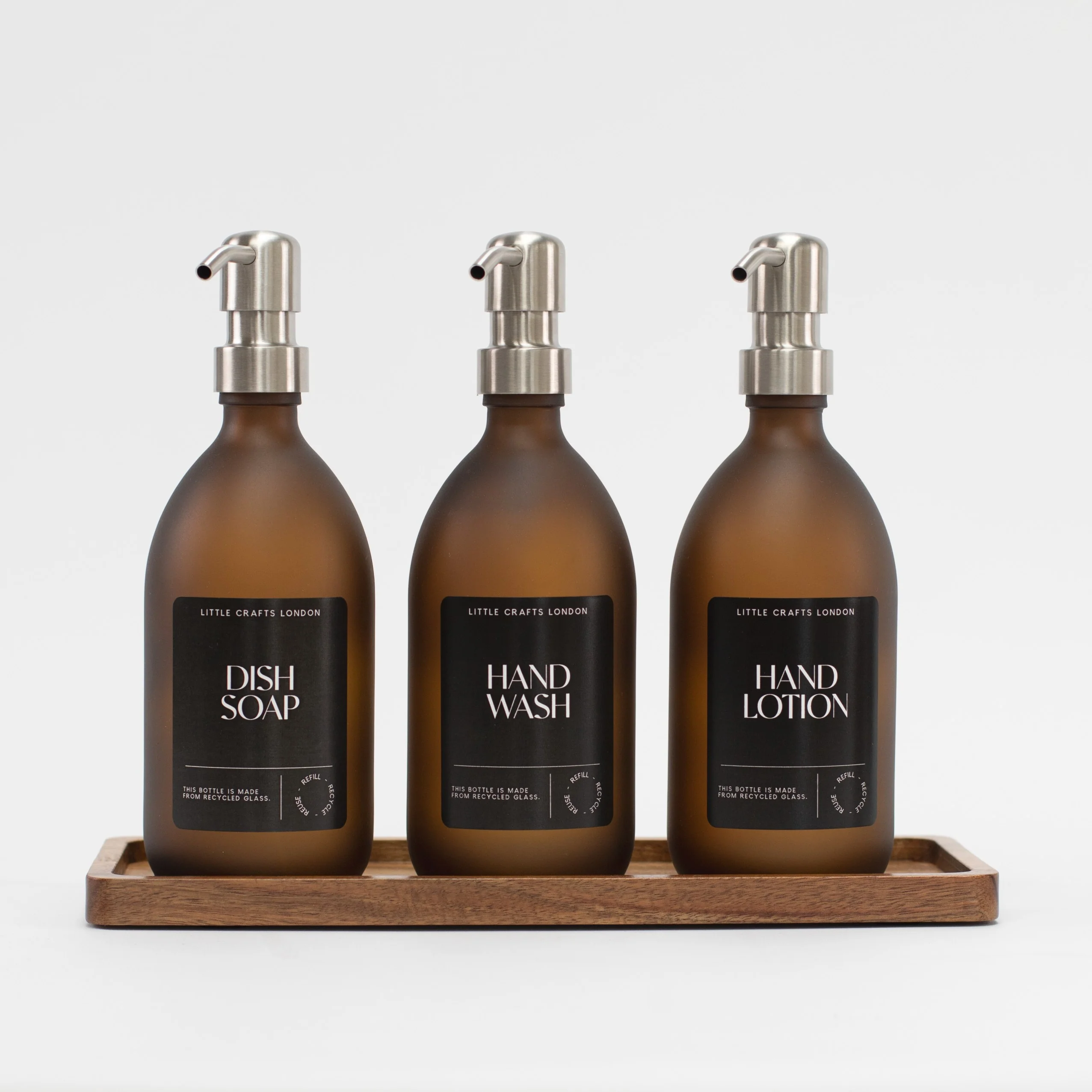 Set of 3 Reusable Frosted Amber Glass Bottles 500 ML with Metal Pump and Long Tray Black Label