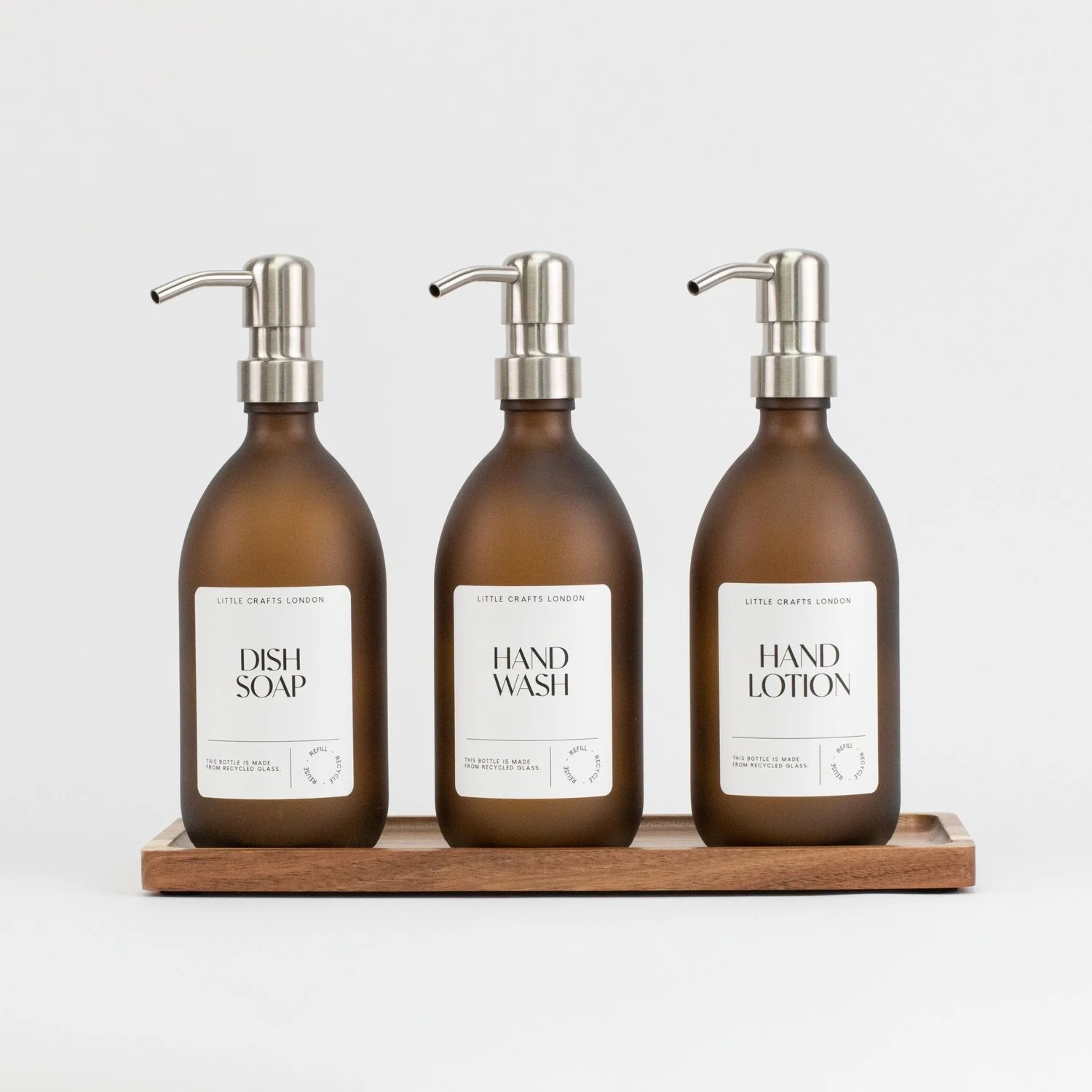 Set of 3 Reusable Frosted Amber Glass Bottles 500 ML with Metal Pump and Long Tray - Image 4