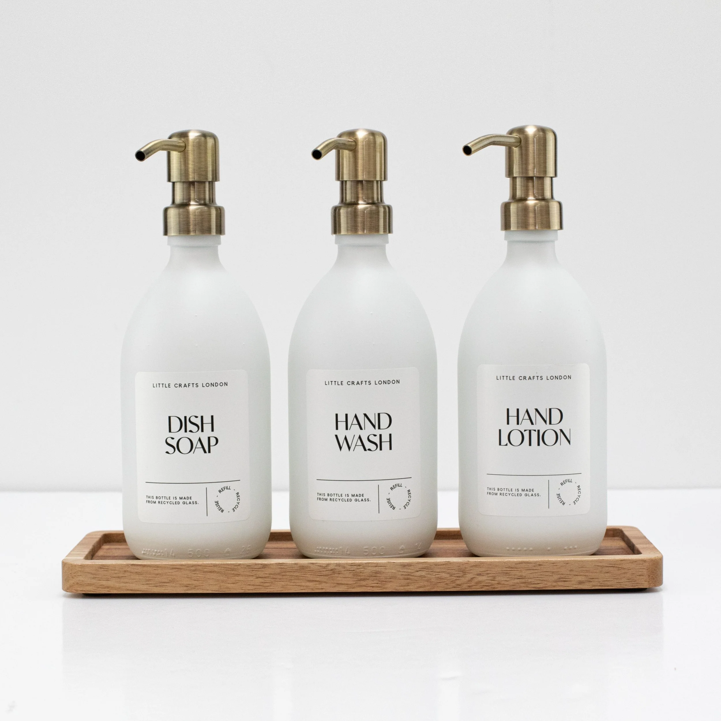 Set of 3 Reusable Milky White Glass Bottles 500 ML with Metal Pump and Long Tray - Image 7