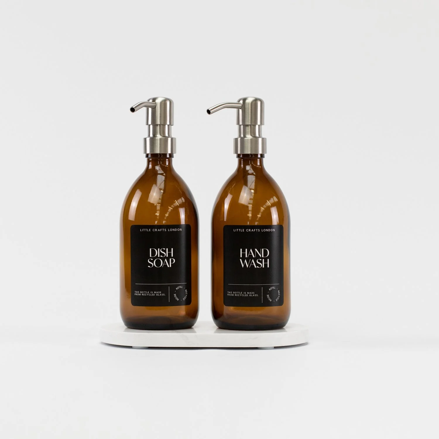 Set of 2 Amber Glass Bottle 500 ML with Metal Pump & Oval Tray (Black Label) - Image 5