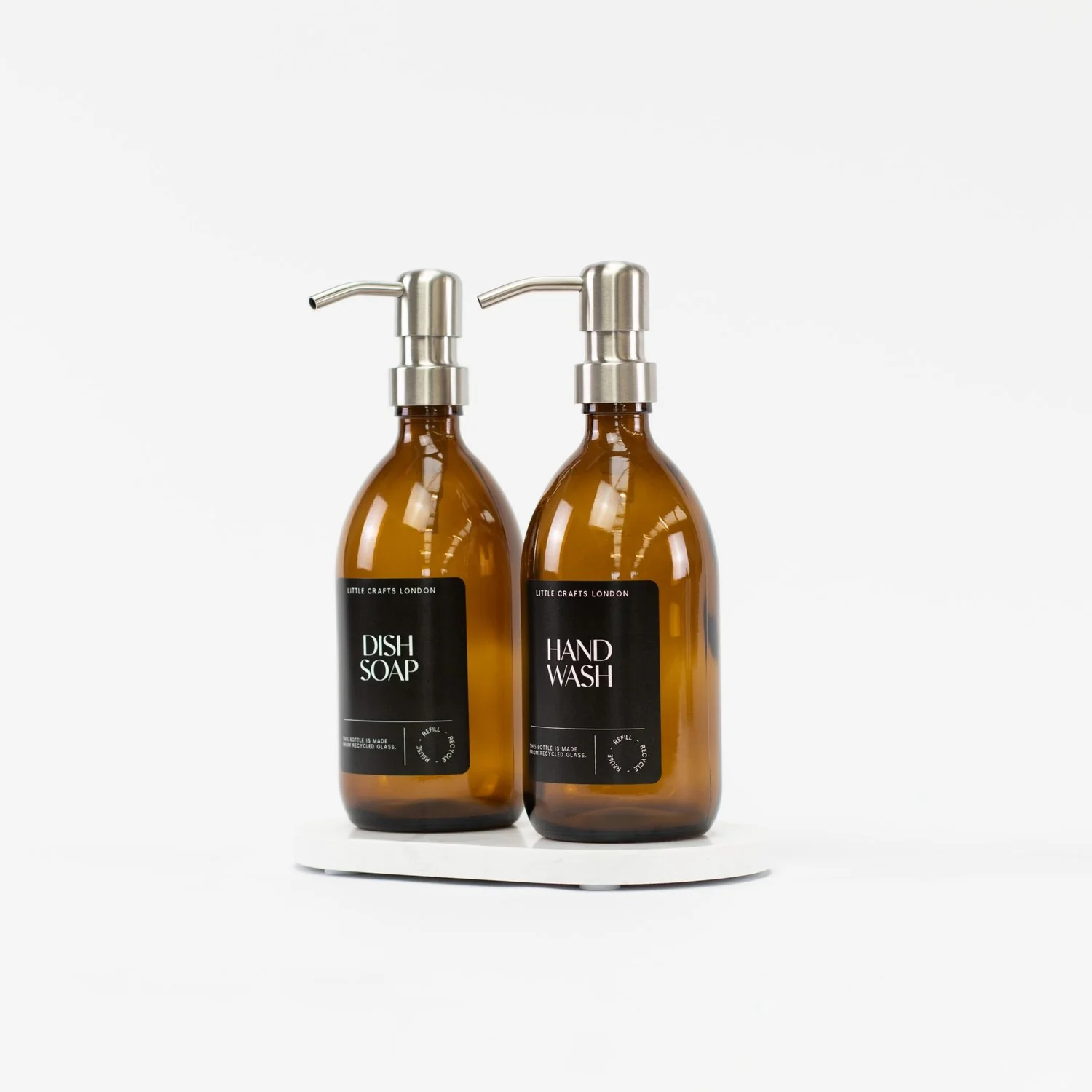 Set of 2 Amber Glass Bottle 500 ML with Metal Pump & Oval Tray (Black Label) - Image 6