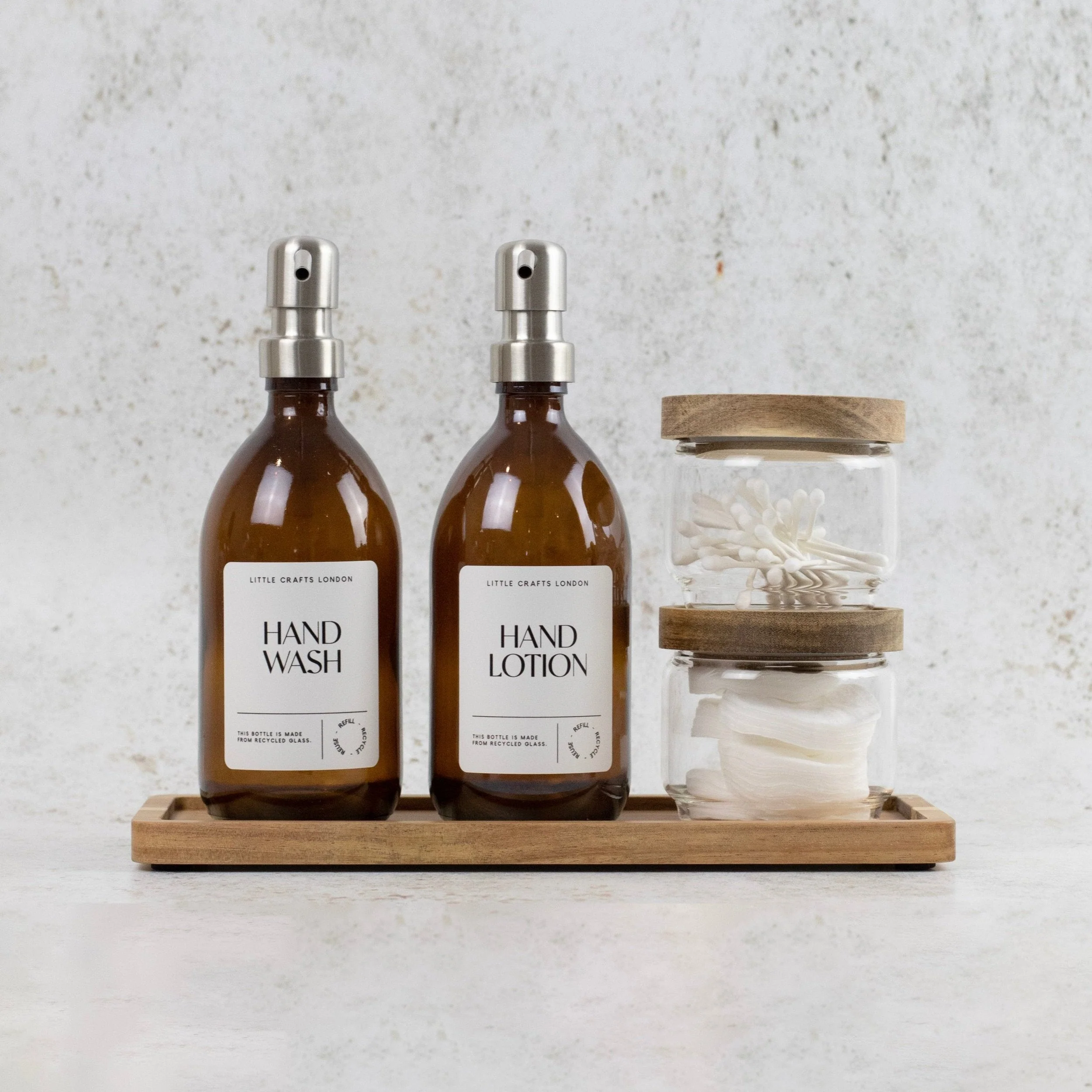 Set of 2 Amber Glass Bottles 500 ML Long Acacia Tray & Jars Bathroom Set - Image 4