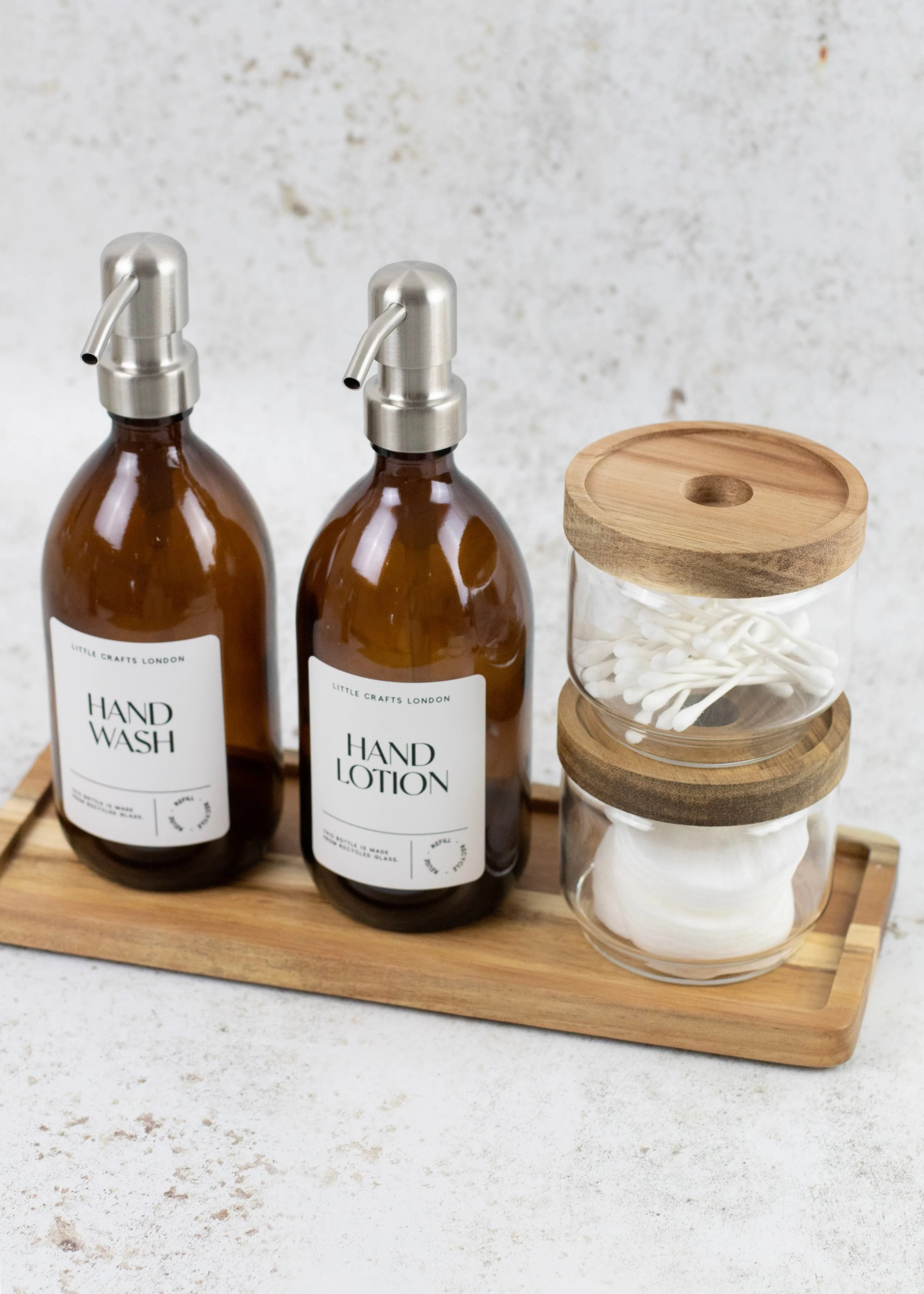 Set of 2 Amber Glass Bottles 500 ML Long Acacia Tray & Jars Bathroom Set - Image 5