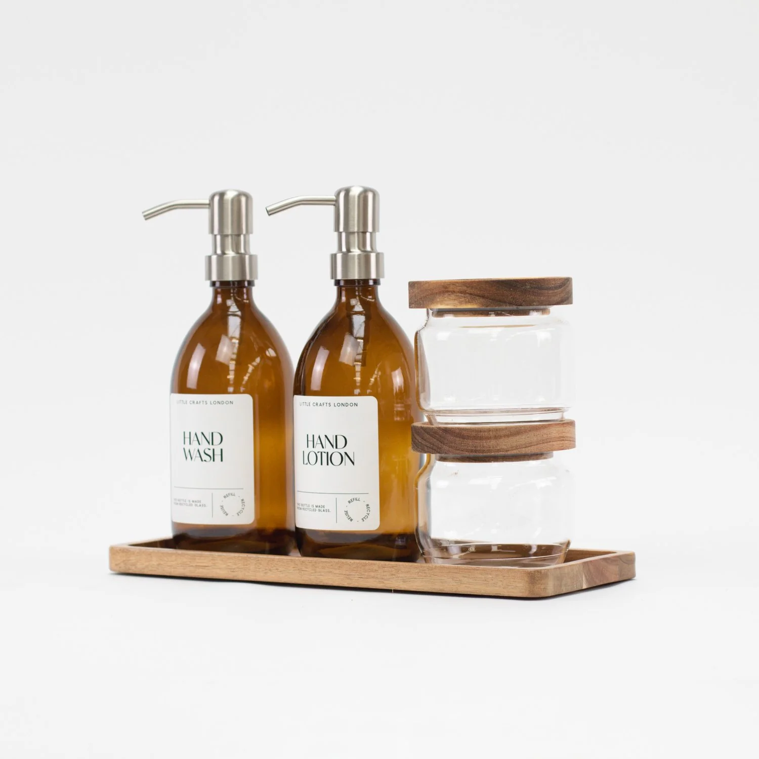 Set of 2 Amber Glass Bottles 500 ML Long Acacia Tray & Jars Bathroom Set - Image 6