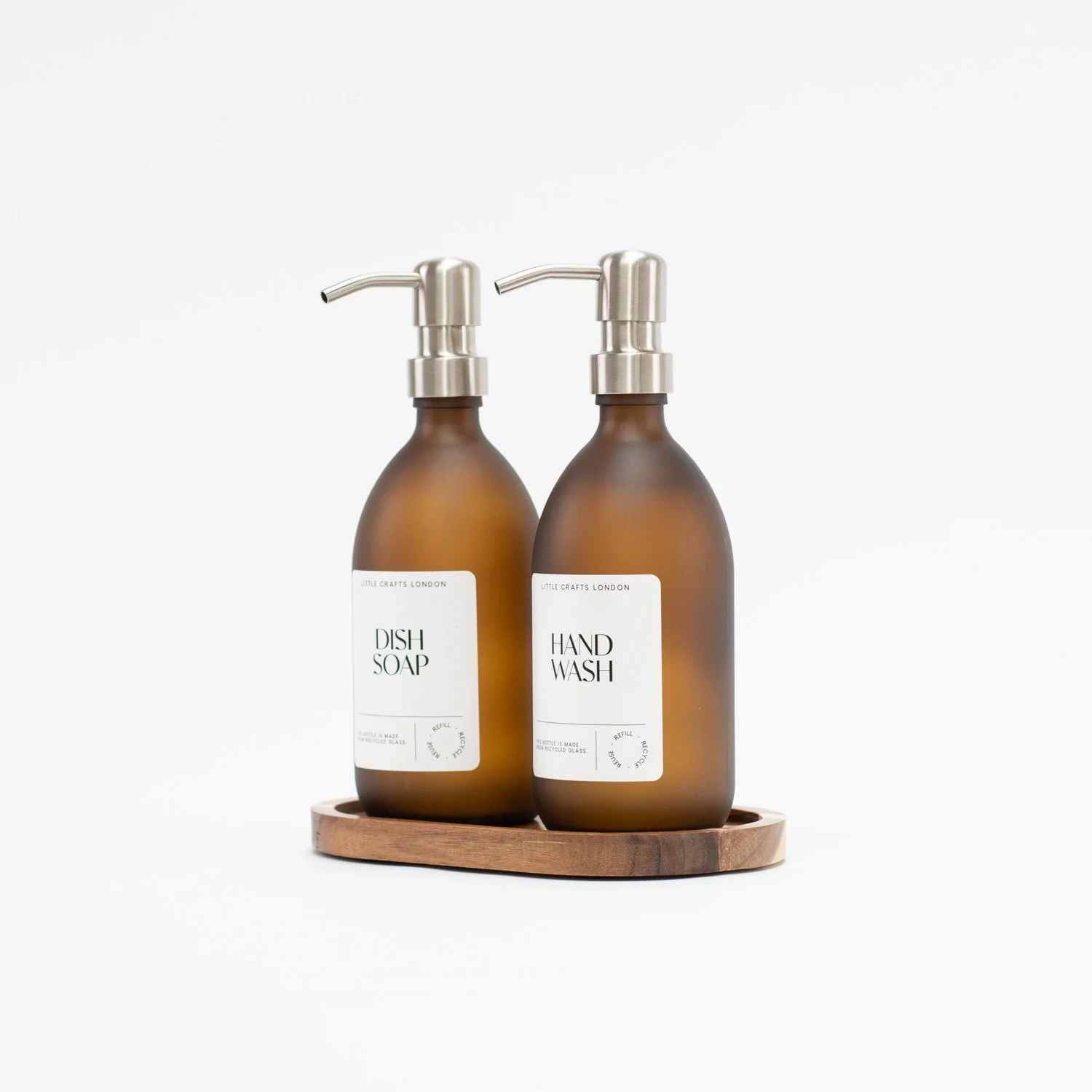 Set of 2 Frosted Amber Glass Bottle 500 ML with Metal Pump & Small Tray White Label - Image 6
