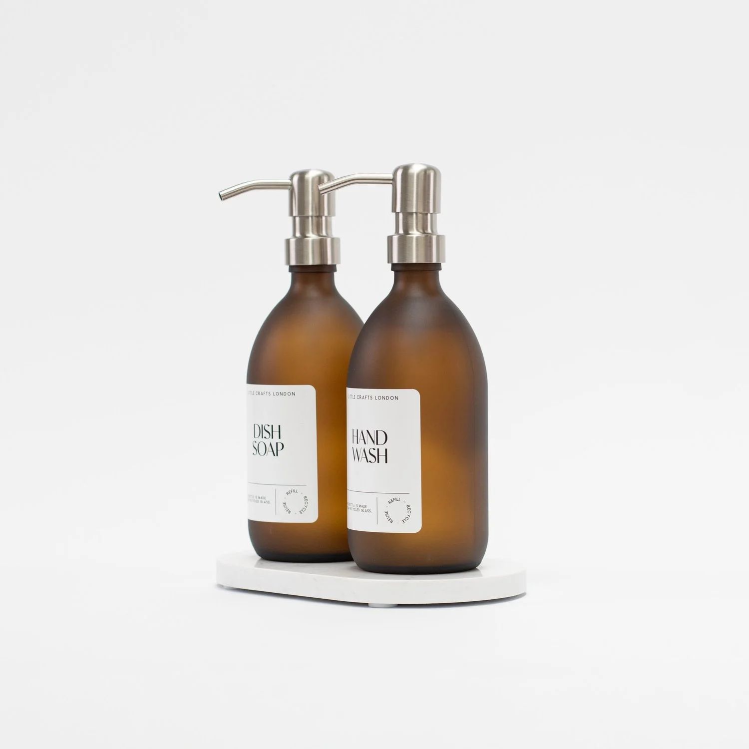 Set of 2 Frosted Amber Glass Bottle 500 ML with Metal Pump & Small Tray White Label - Image 7