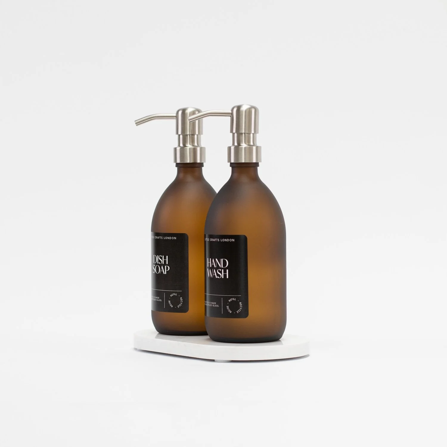 Set of 2 Frosted Amber Glass Bottle 500 ML with Metal Pump & Small Tray Black Label - Image 5