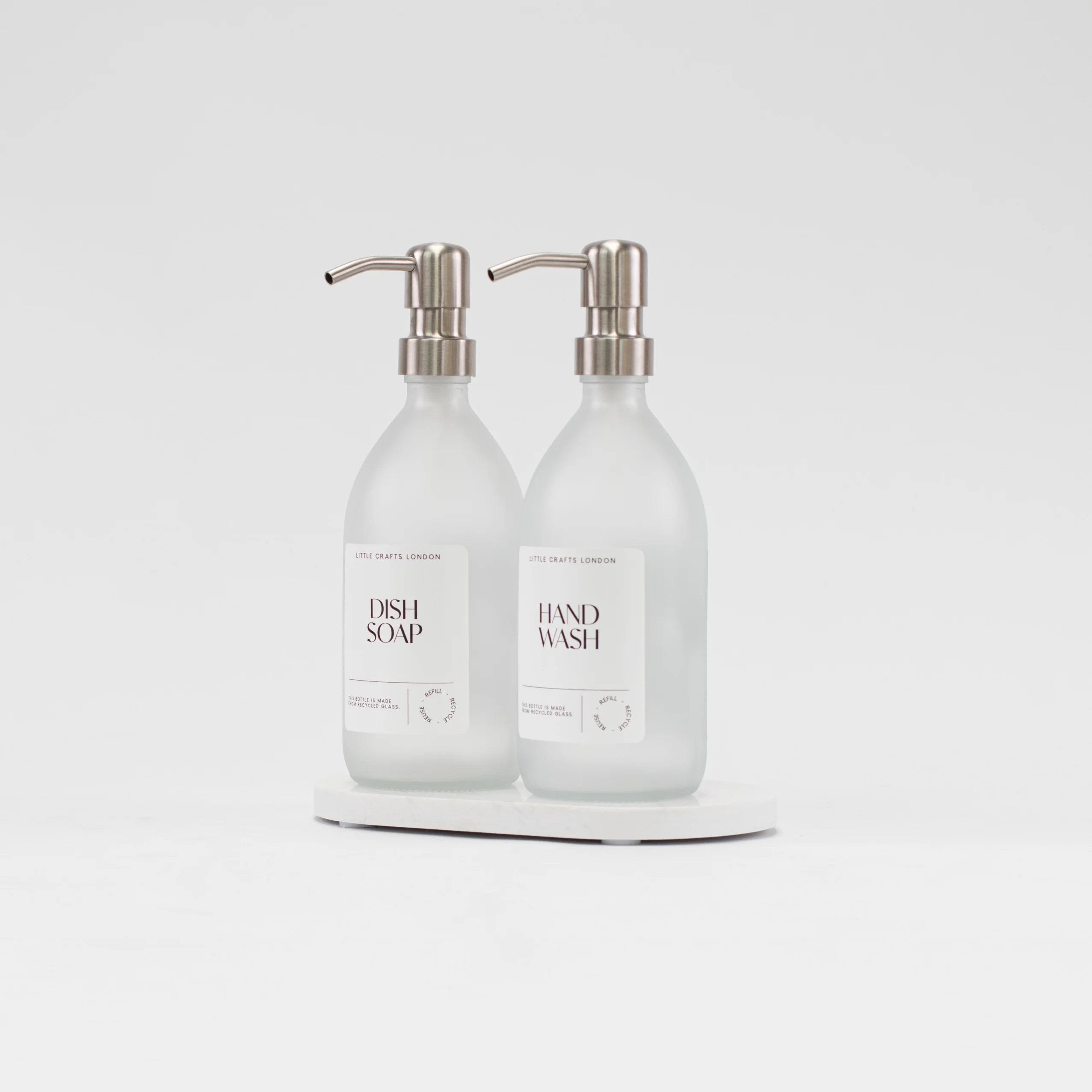 Set of 2 Frosted Clear Glass Bottle 500 ML with Metal Pump & Small Tray - Image 3