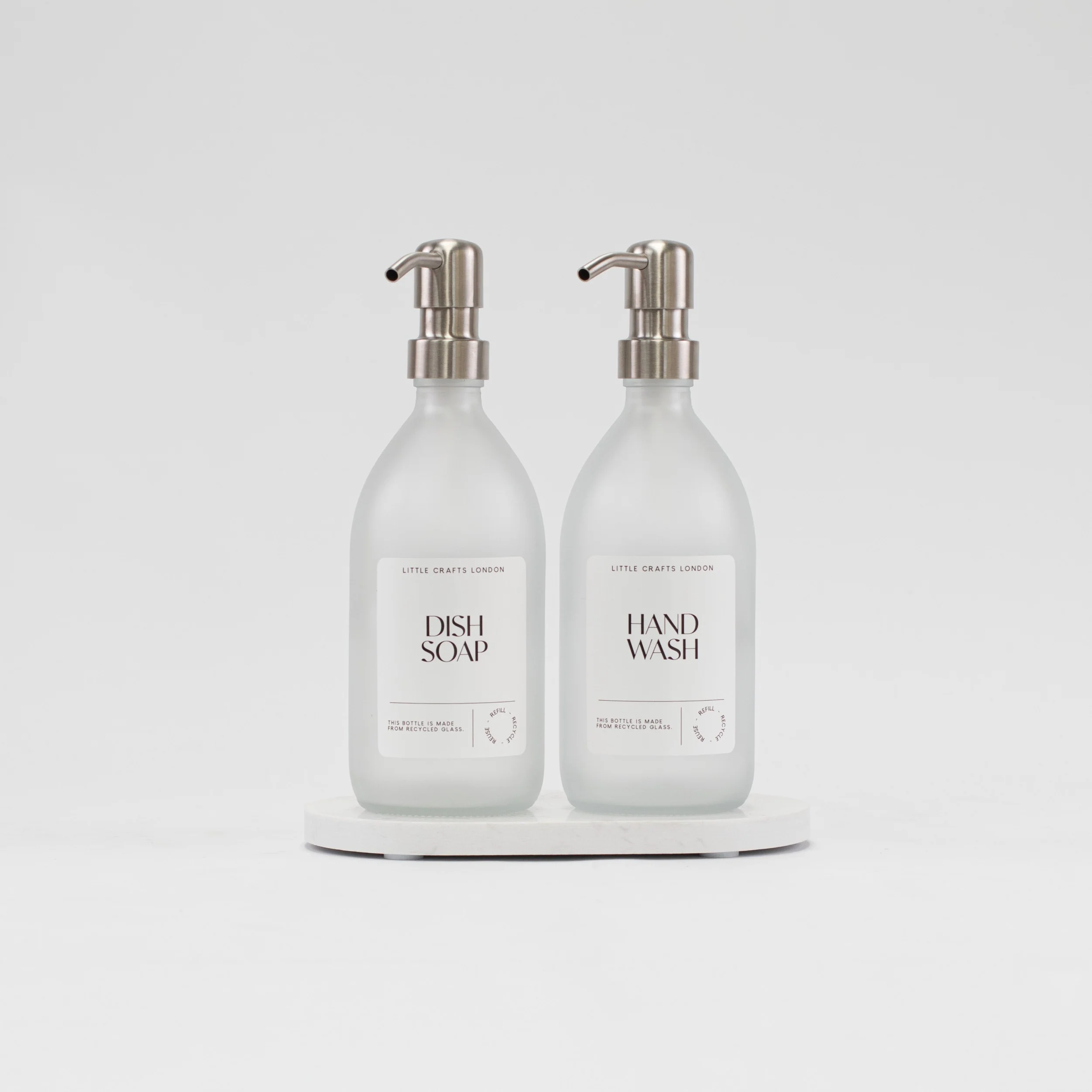 Set of 2 Frosted Clear Glass Bottle 500 ML with Metal Pump & Small Tray - Image 4