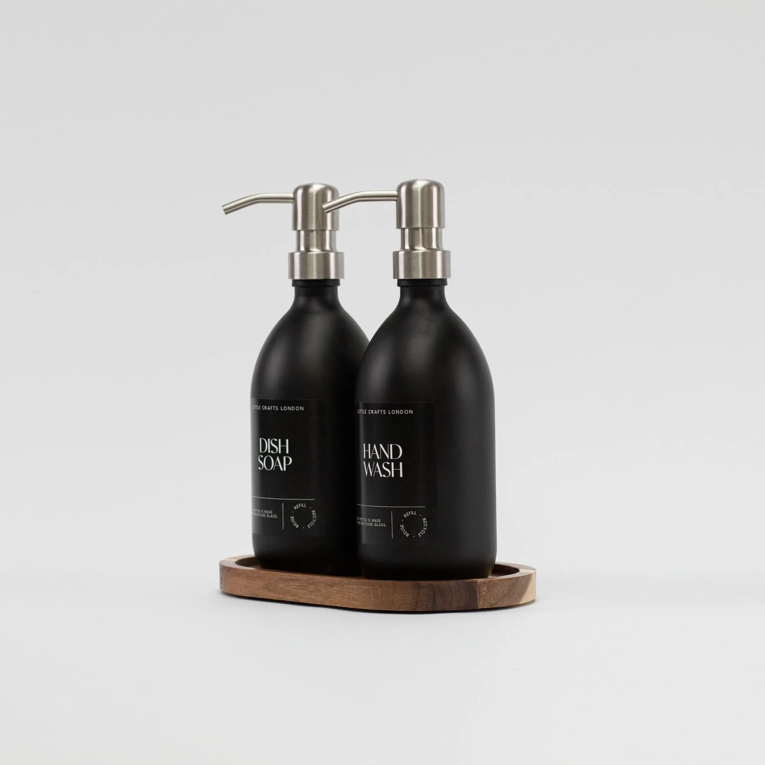 Set of 2 Matt Black Glass Bottle 500 ML with Metal Pump & Small Tray (Black Label) - Image 5