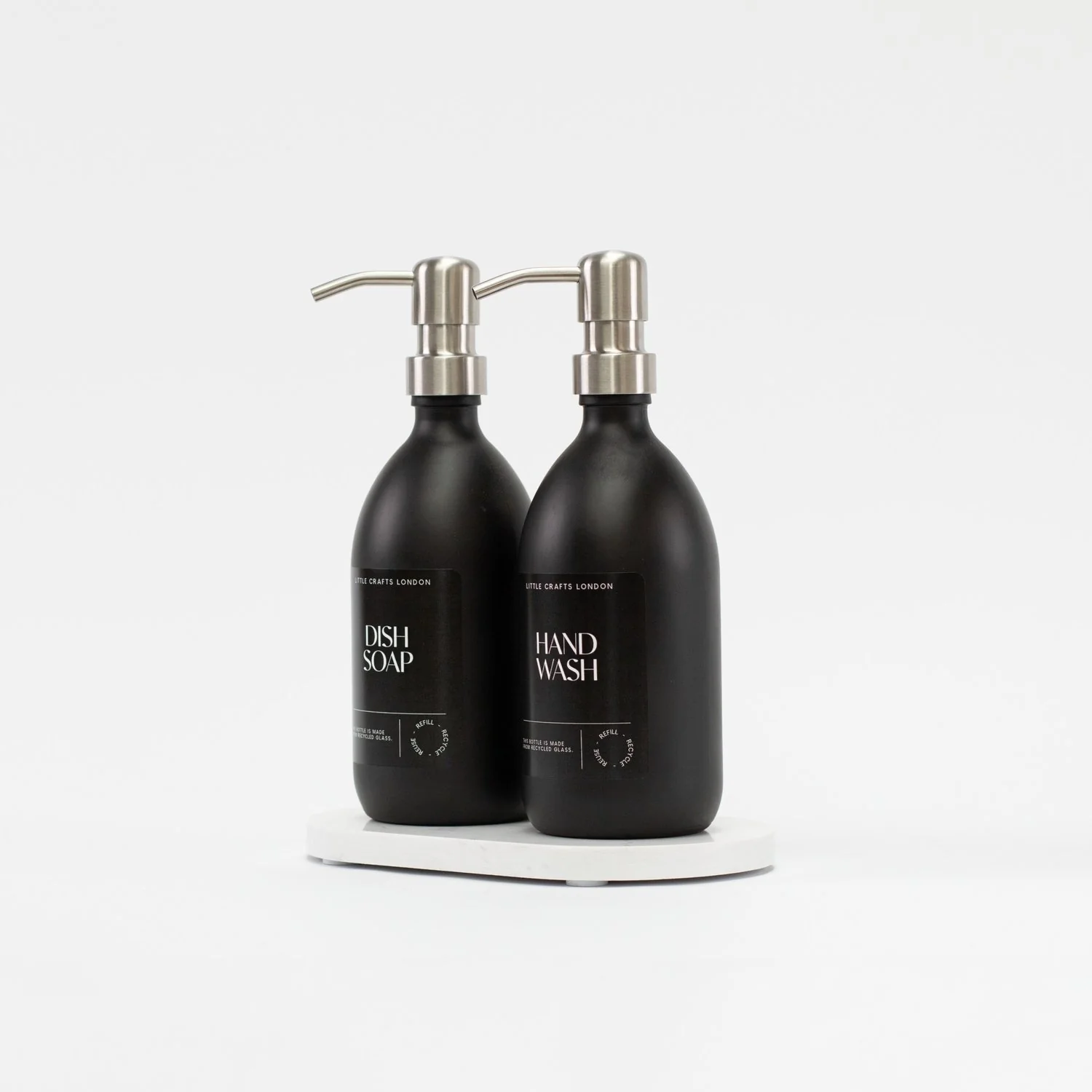 Set of 2 Matt Black Glass Bottle 500 ML with Metal Pump & Small Tray (Black Label) - Image 6