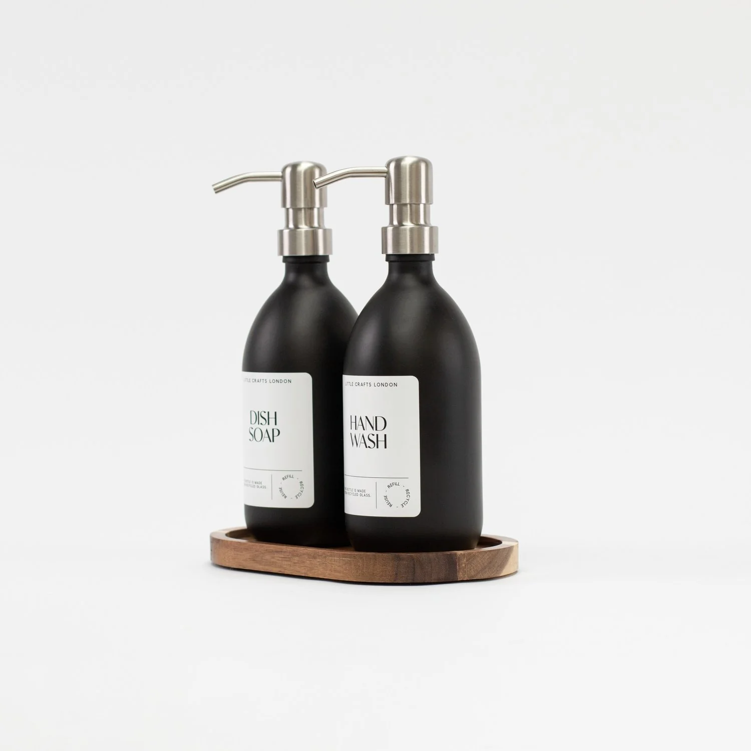 Set of 2 Matt Black Glass Bottle 500 ML with Metal Pump & Small Tray (White Label) - Image 5