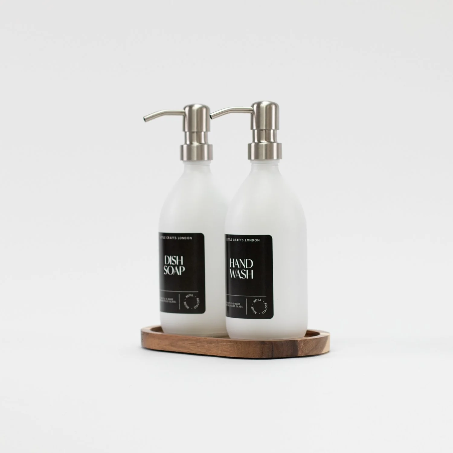 Set of 2 Milky White Glass Bottle 500 ML with Metal Pump & Small Tray (Black Label) - Image 5