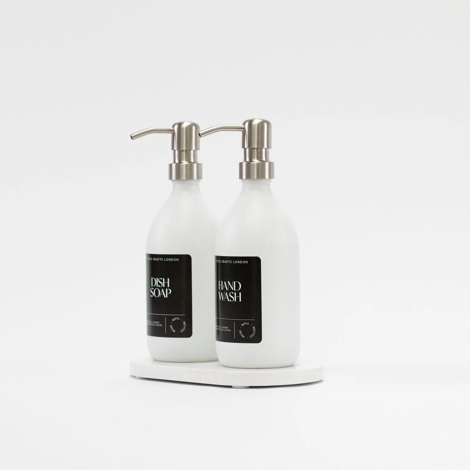 Set of 2 Milky White Glass Bottle 500 ML with Metal Pump & Small Tray (Black Label) - Image 6