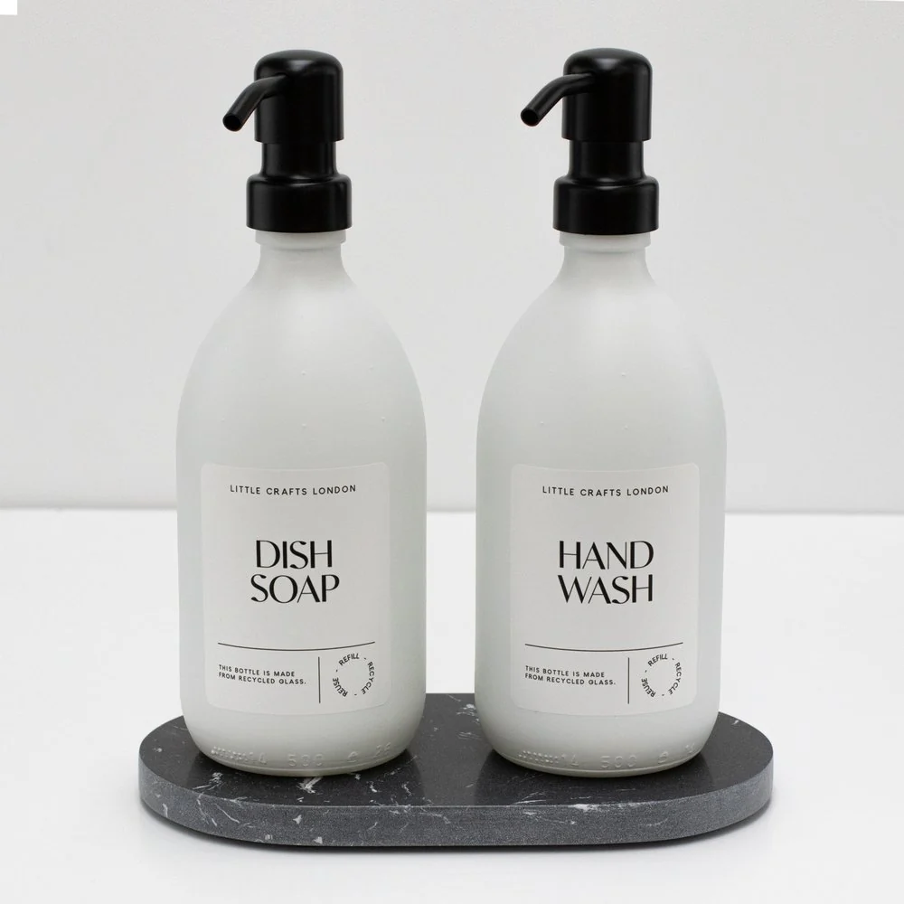 Set of 2 Milky White Glass Bottle 500 ML with Metal Pump & Small Tray (White Label) - Image 10