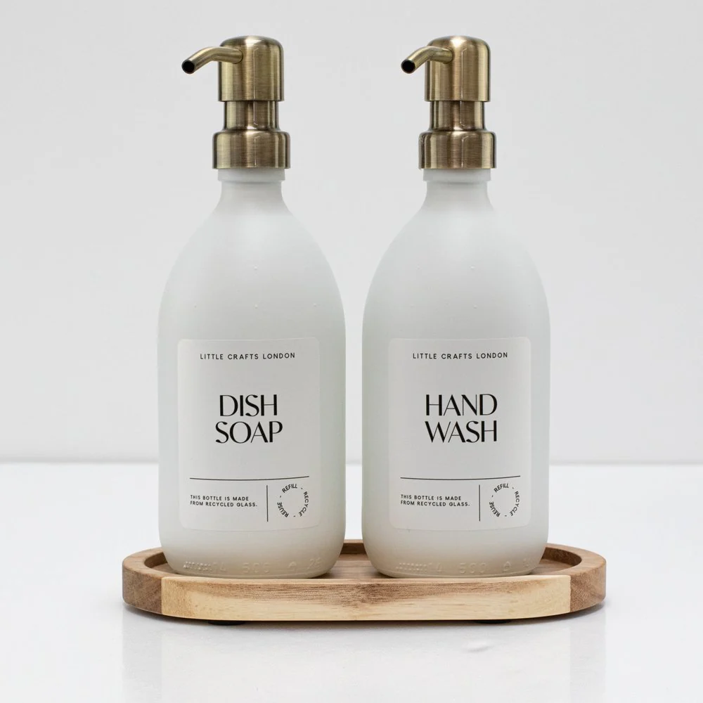 Set of 2 Milky White Glass Bottle 500 ML with Metal Pump & Small Tray (White Label) - Image 13