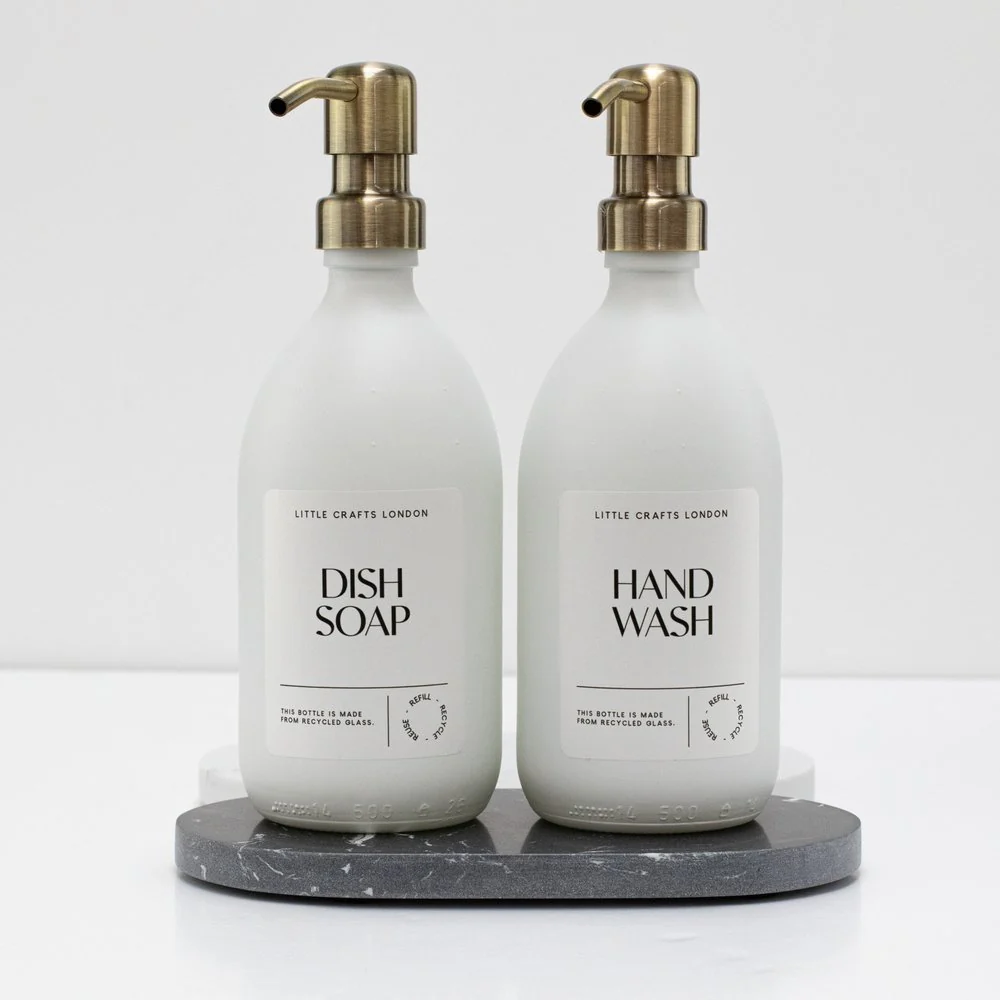 Set of 2 Milky White Glass Bottle 500 ML with Metal Pump & Small Tray (White Label) - Image 14