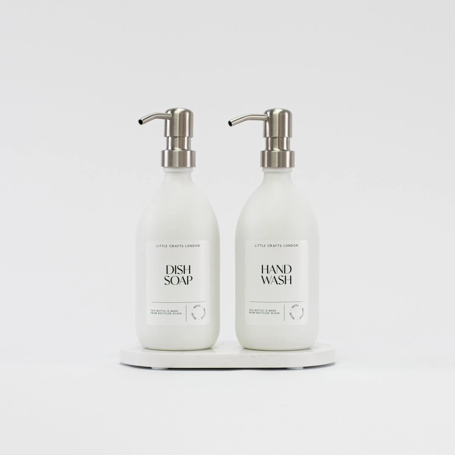 Set of 2 Milky White Glass Bottle 500 ML with Metal Pump & Small Tray (White Label) - Image 4