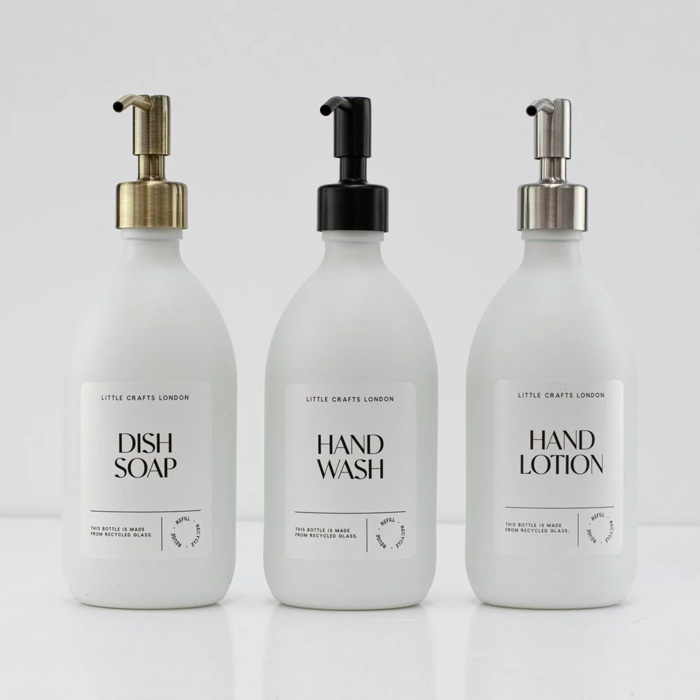 Set of 2 Milky White Glass Bottle 500 ML with Metal Pump & Small Tray (White Label) - Image 9