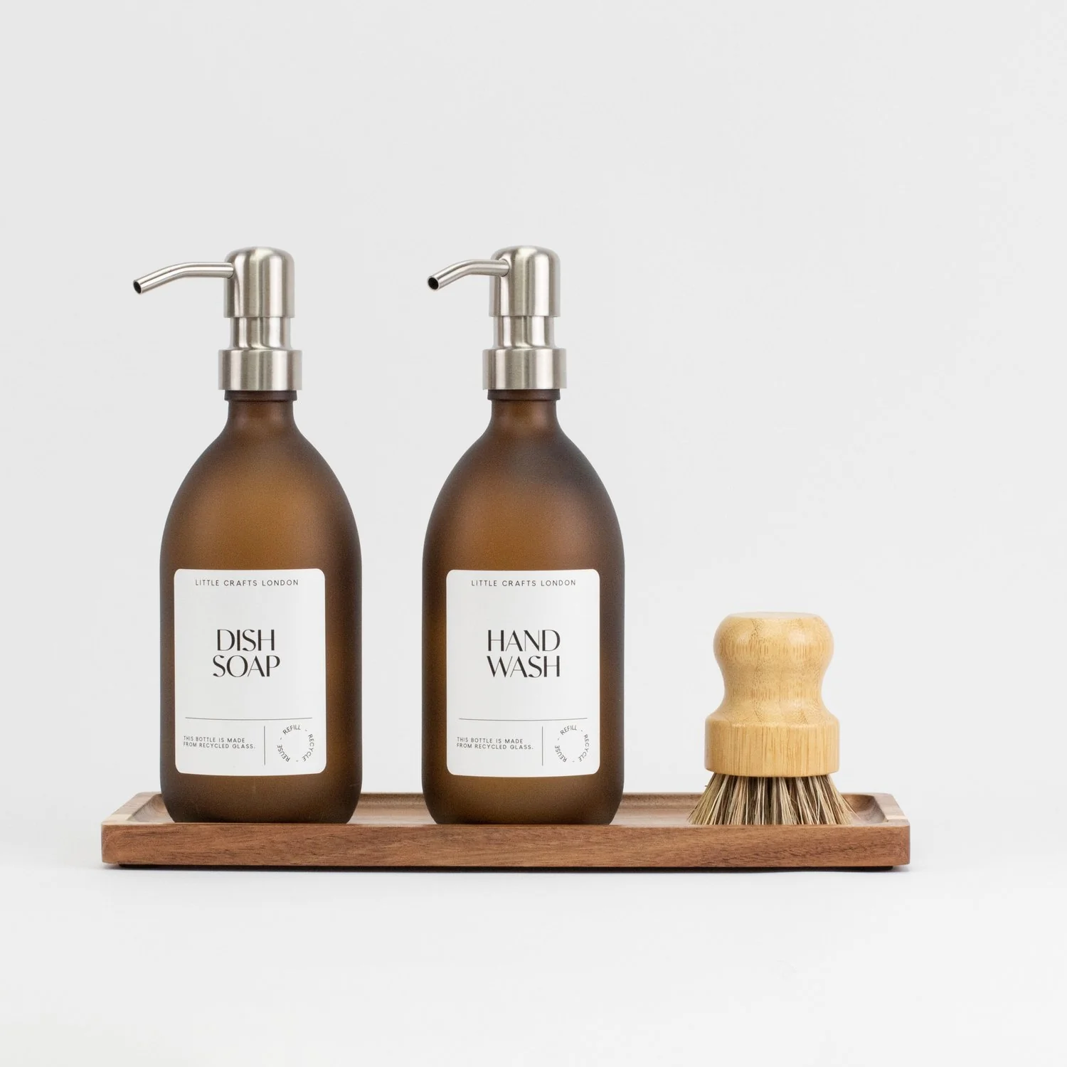 Set of 2 *Frosted* Amber Glass Bottles 500 ML Long Rectangle Tray & Dish Brush - Image 5