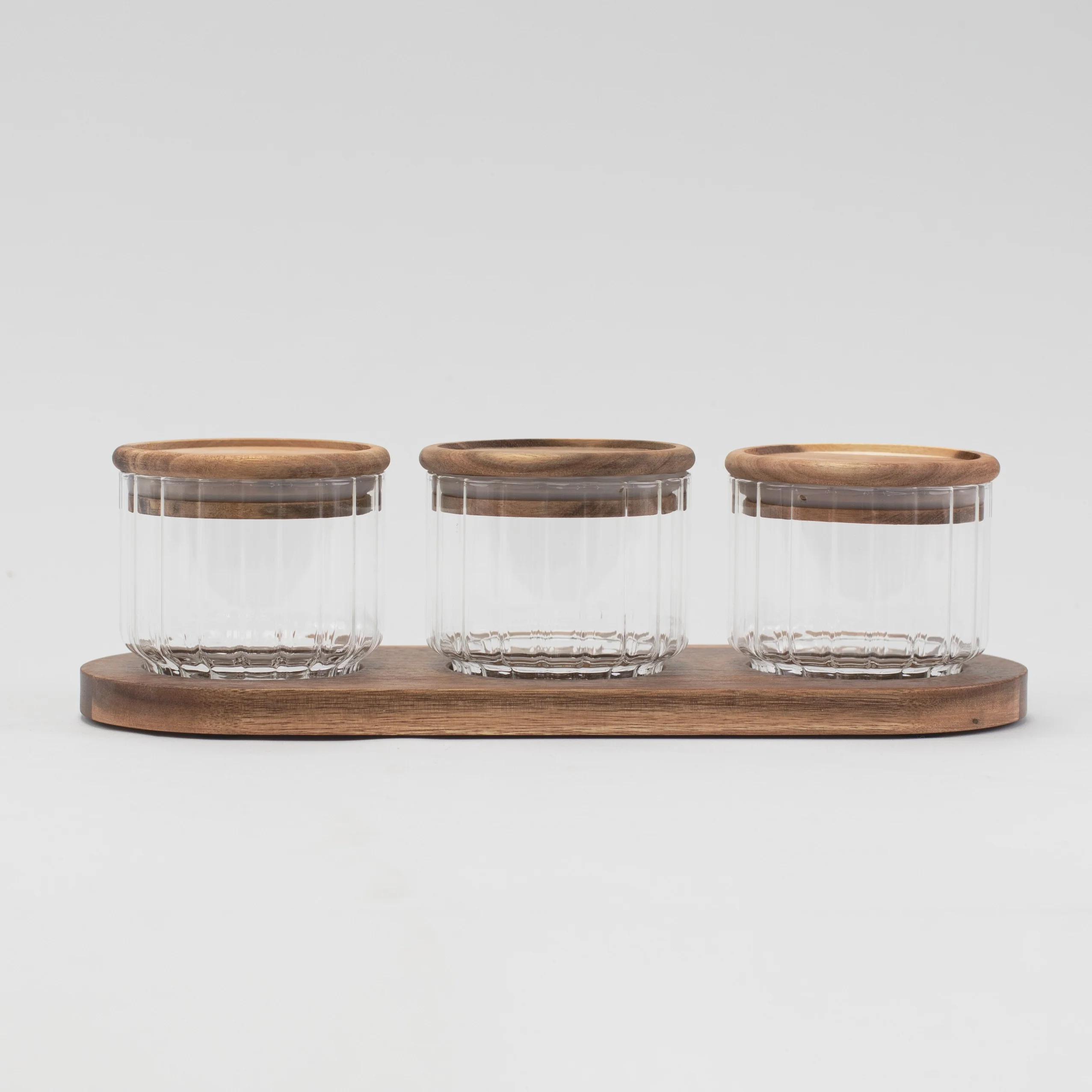 Set of 3 220 ML Ribbed Glass Jars & Tray - Image 3