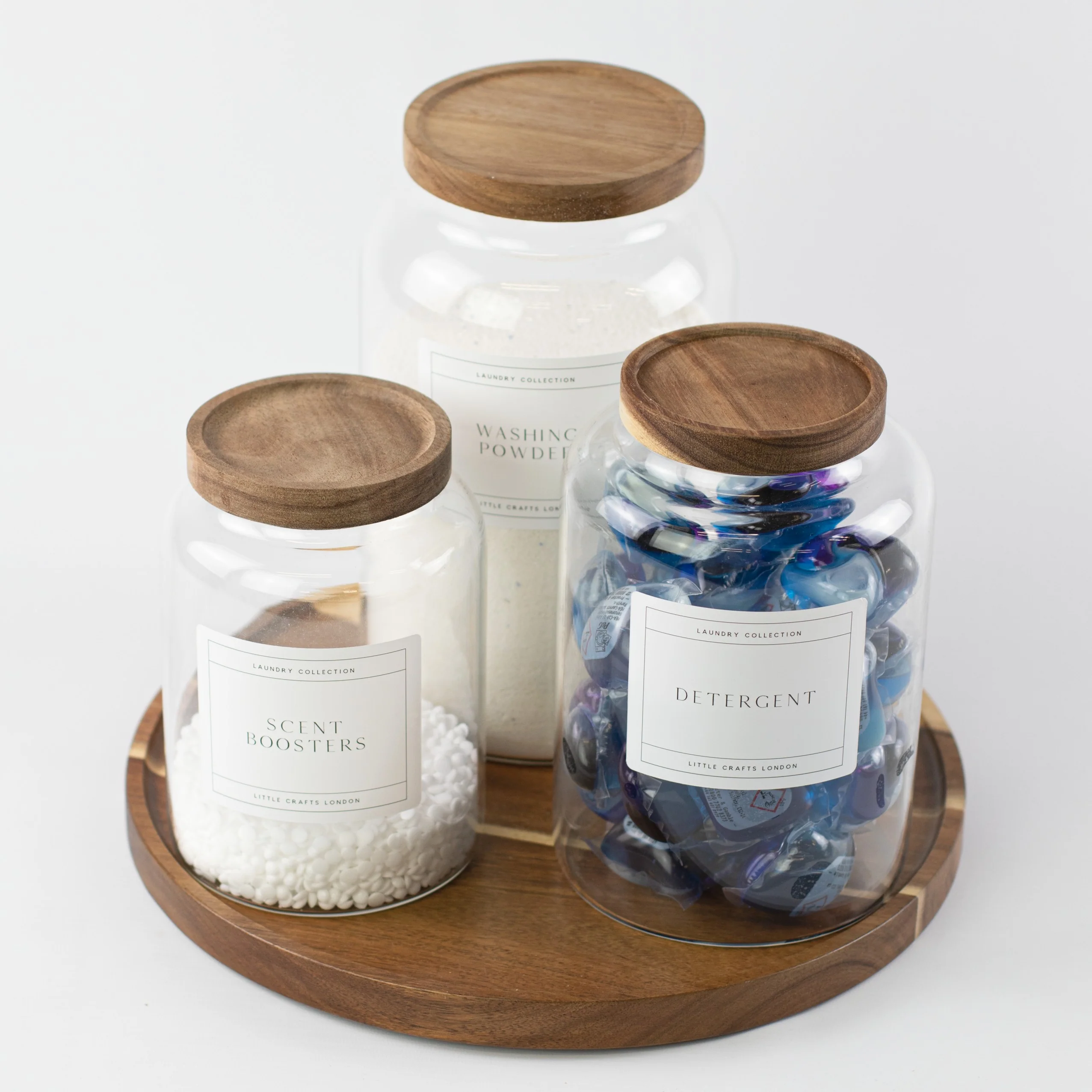 Set of 3 Acacia Large Laundry Jars & Round Acacia 31.5 CM Diameter Tray - Image 3