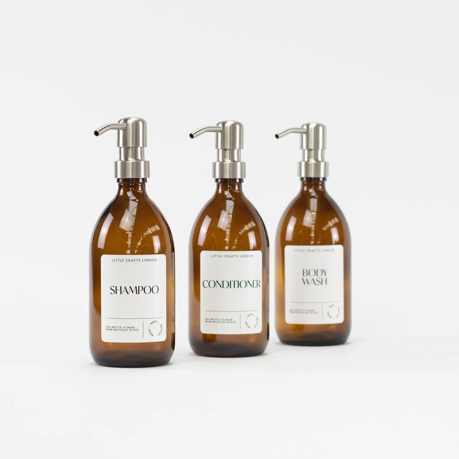 Set of 3 Bathroom Reusable Amber Glass Bottles 500 ML with Metal Pump - Image 4