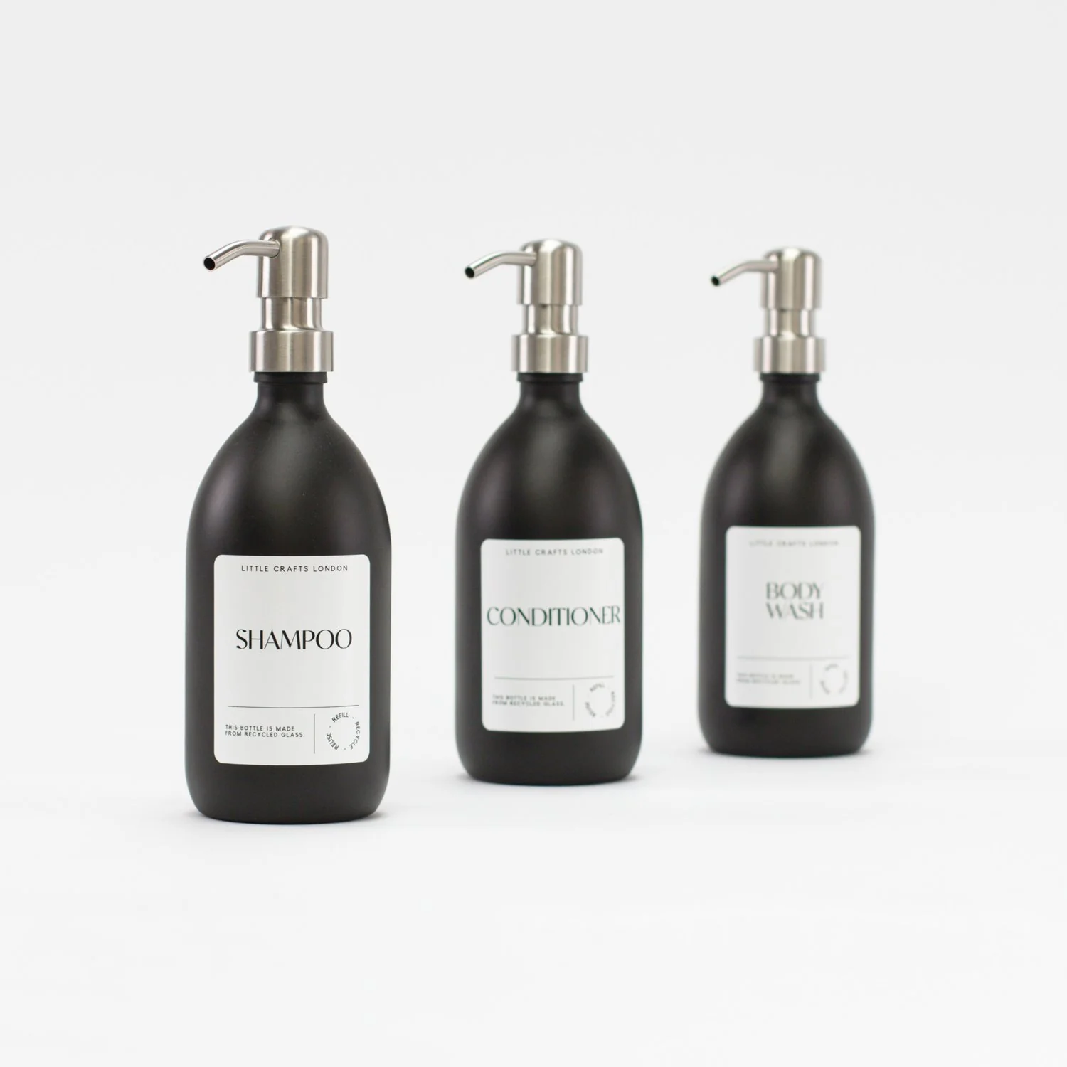 Set of 3 Bathroom Reusable Matt Black Glass Bottles 500 ML with Metal Pump - Image 3