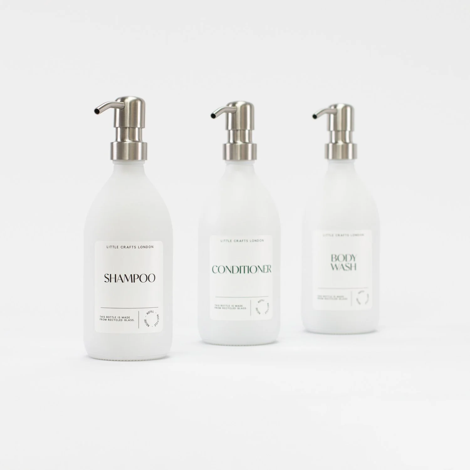 Set of 3 Bathroom Reusable Milky White Glass Bottles 500 ML with Metal Pump - Image 3