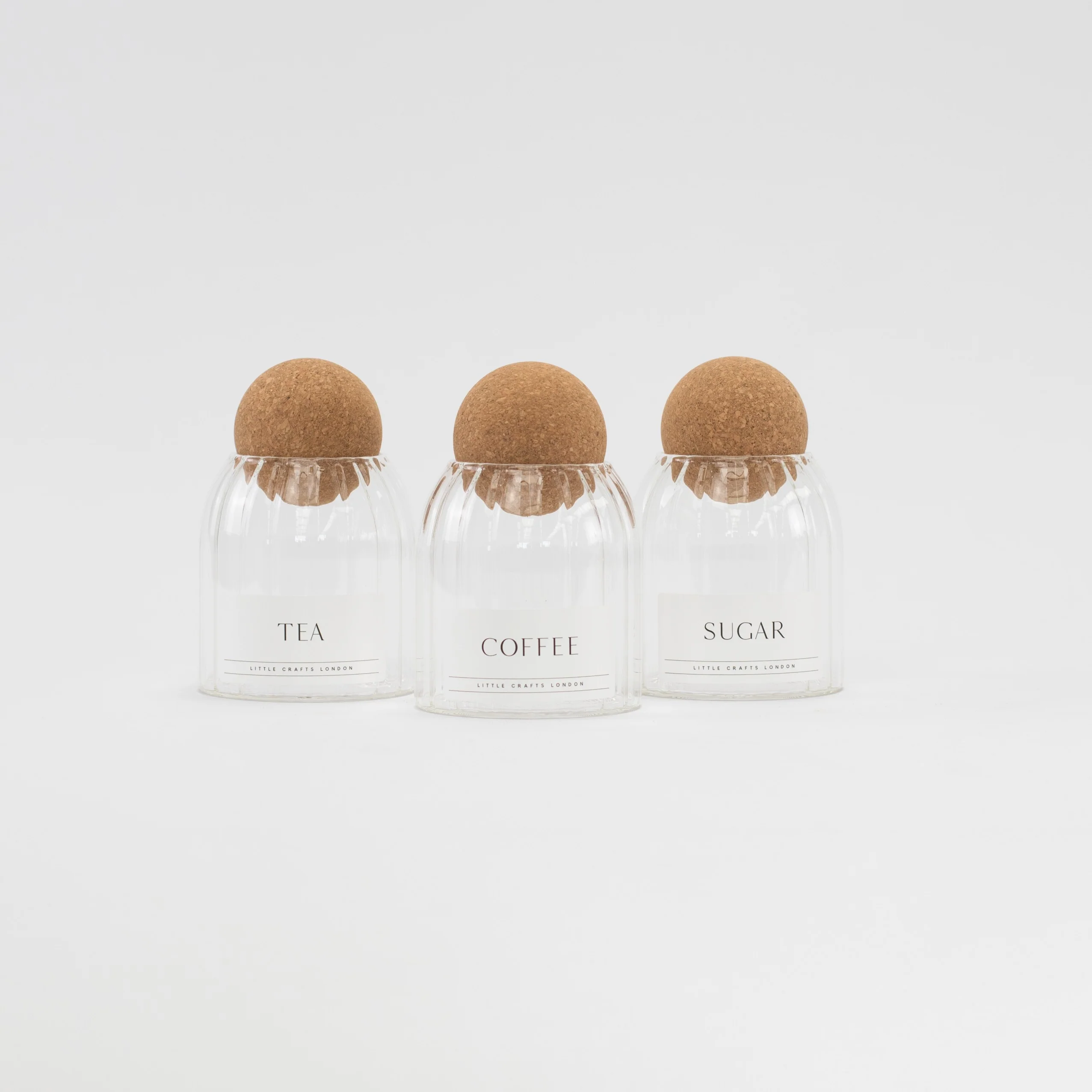Set of 3 Cork Ball Glass Jars - Tea, Coffee and Sugar 500ml - Ribbed Cork Ball - Image 3