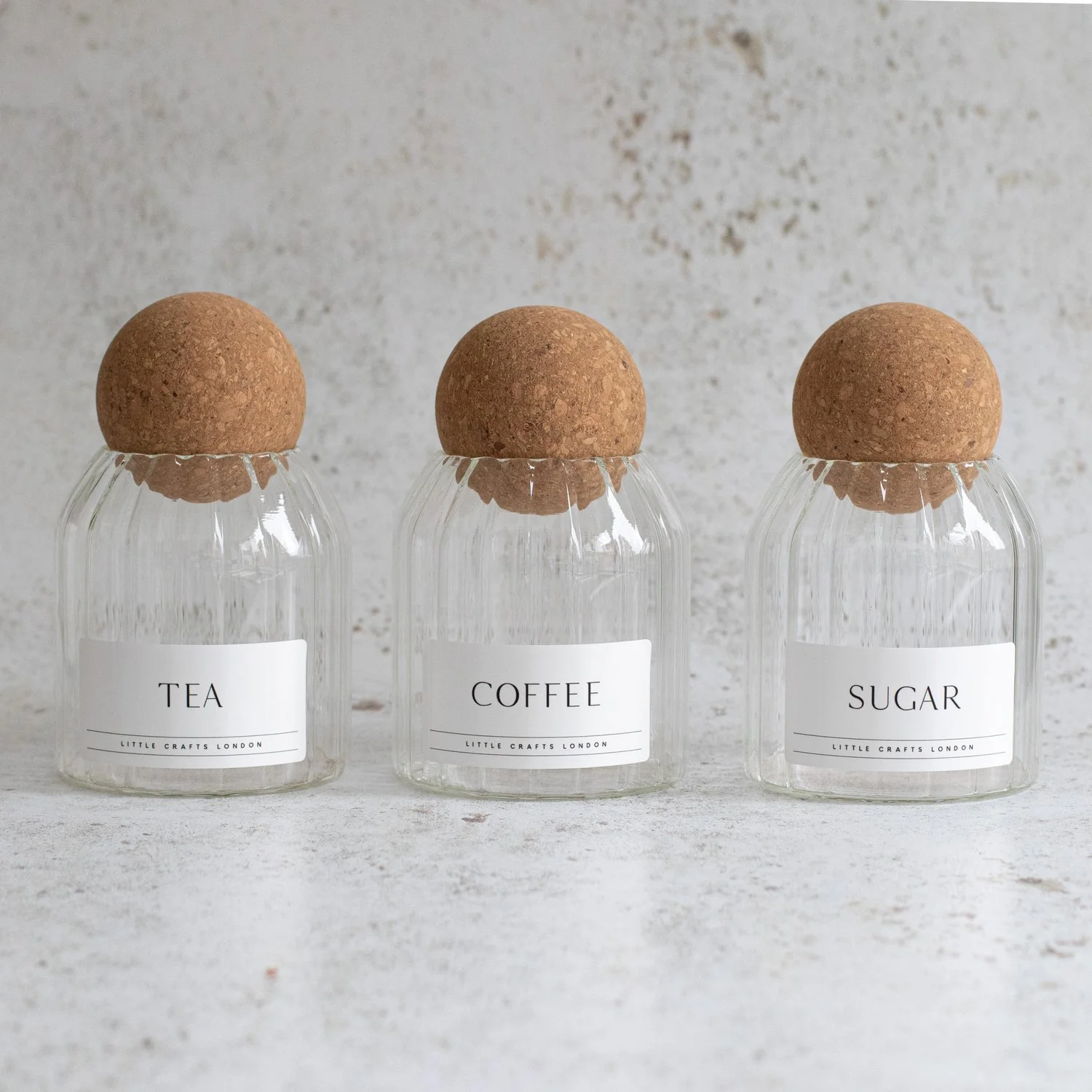 Set of 3 Cork Ball Glass Jars - Tea, Coffee and Sugar 500ml - Ribbed Cork Ball - Image 6