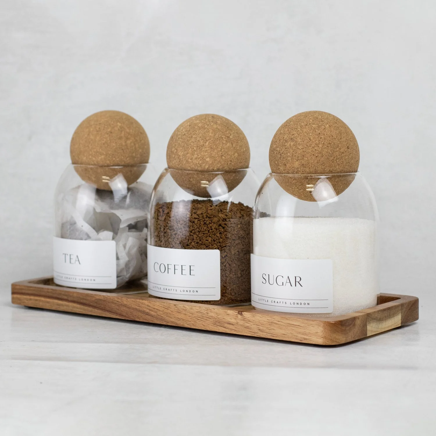 Set of 3 Cork Ball Glass Jars - Tea, Coffee and Sugar 500ml with Long Tray - Image 10