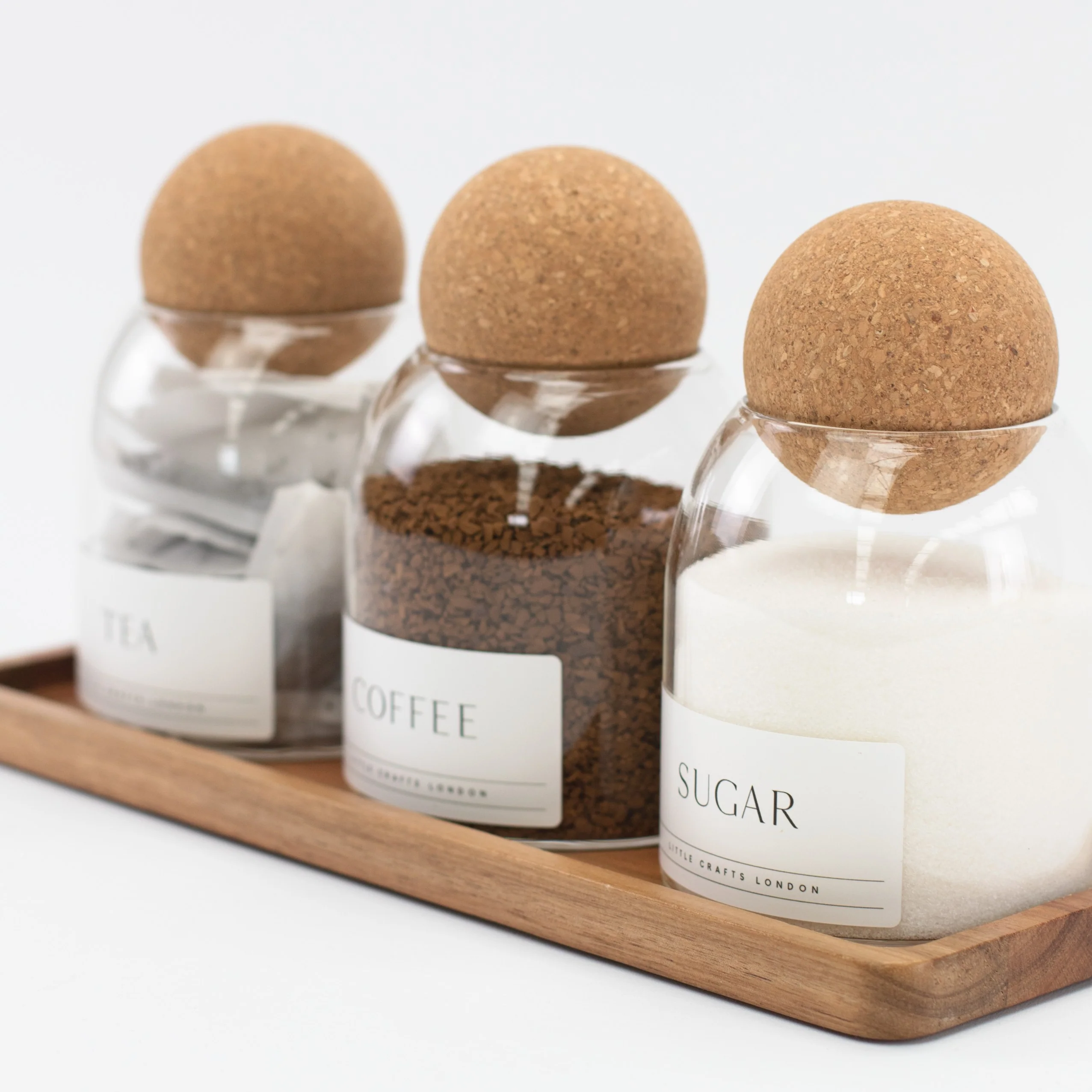 Set of 3 Cork Ball Glass Jars - Tea, Coffee and Sugar 500ml with Long Tray - Image 3