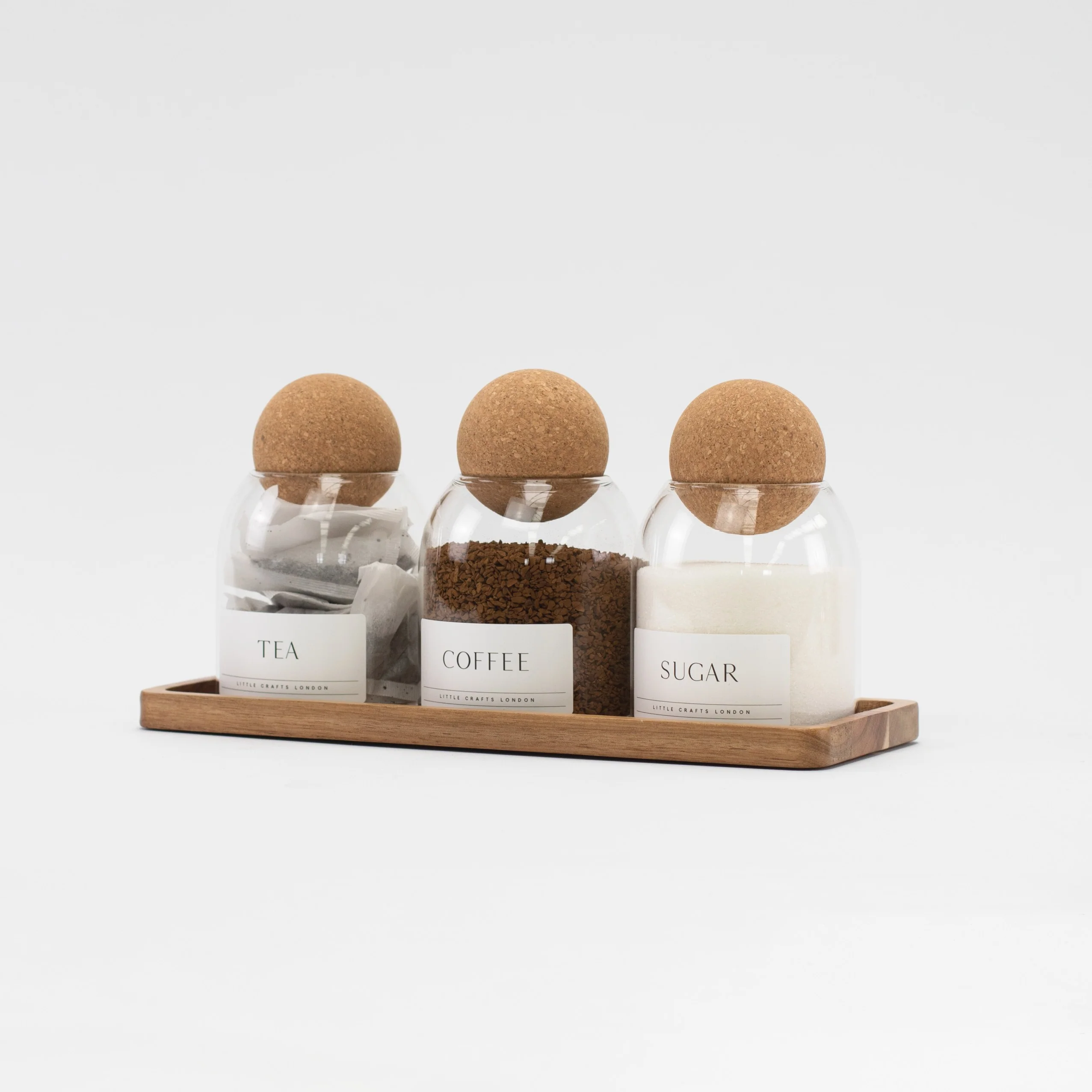 Set of 3 Cork Ball Glass Jars - Tea, Coffee and Sugar 500ml with Long Tray - Image 4