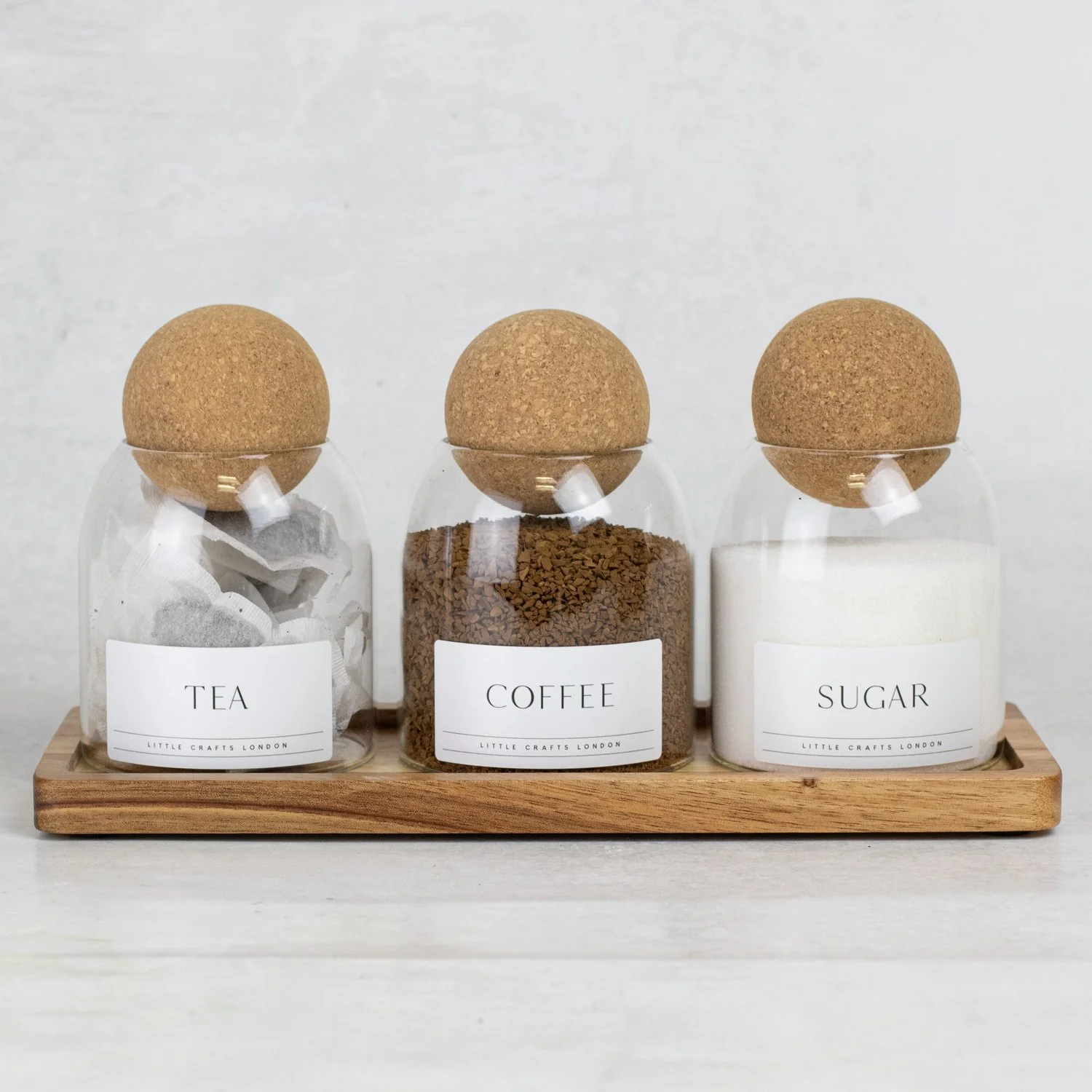 Set of 3 Cork Ball Glass Jars - Tea, Coffee and Sugar 500ml with Long Tray - Image 5