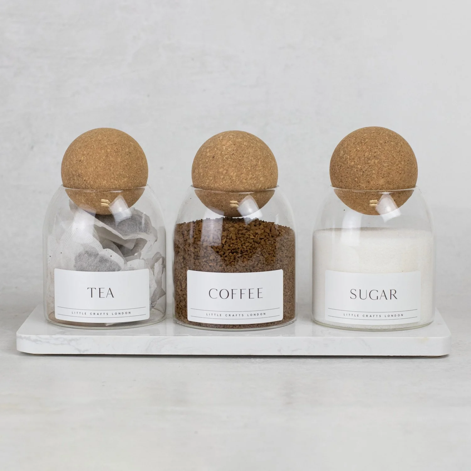 Set of 3 Cork Ball Glass Jars - Tea, Coffee and Sugar 500ml with Long Tray - Image 6