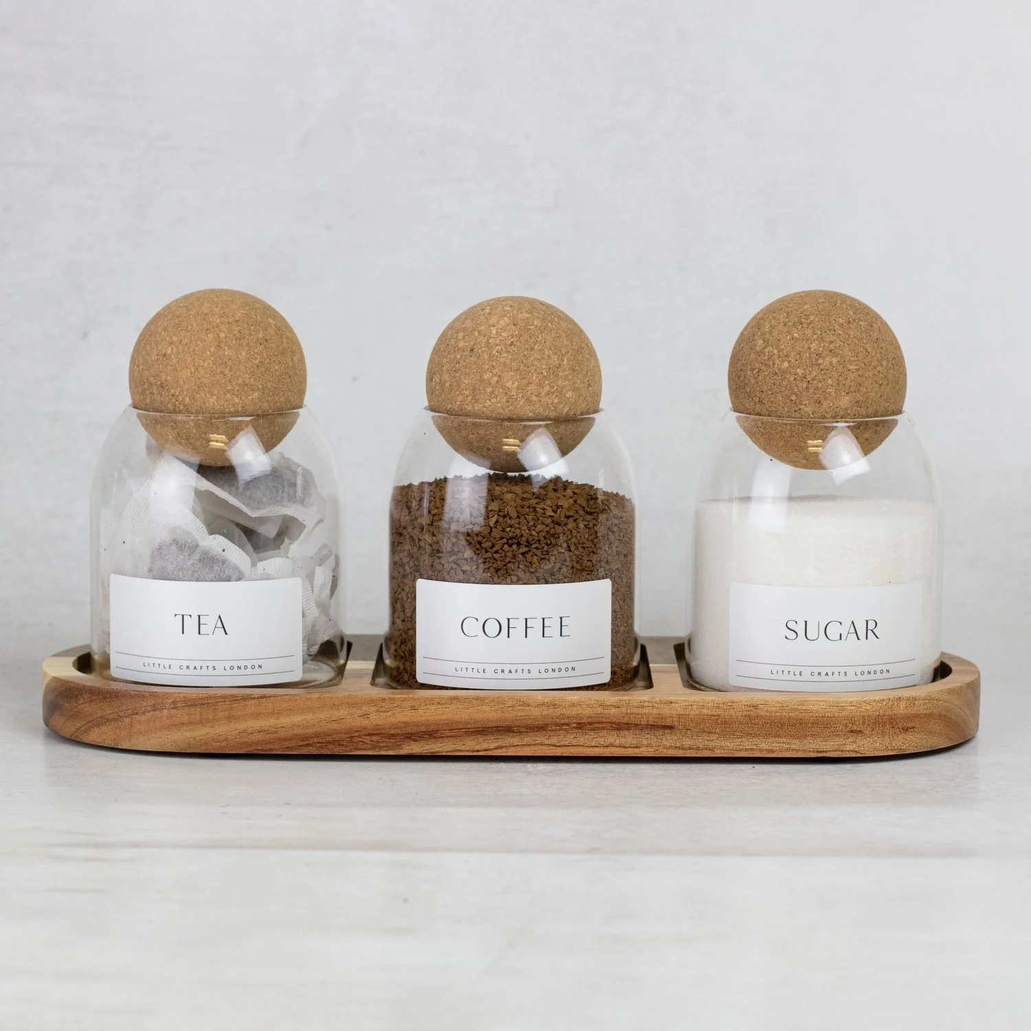 Set of 3 Cork Ball Glass Jars - Tea, Coffee and Sugar 500ml with Long Tray - Image 7