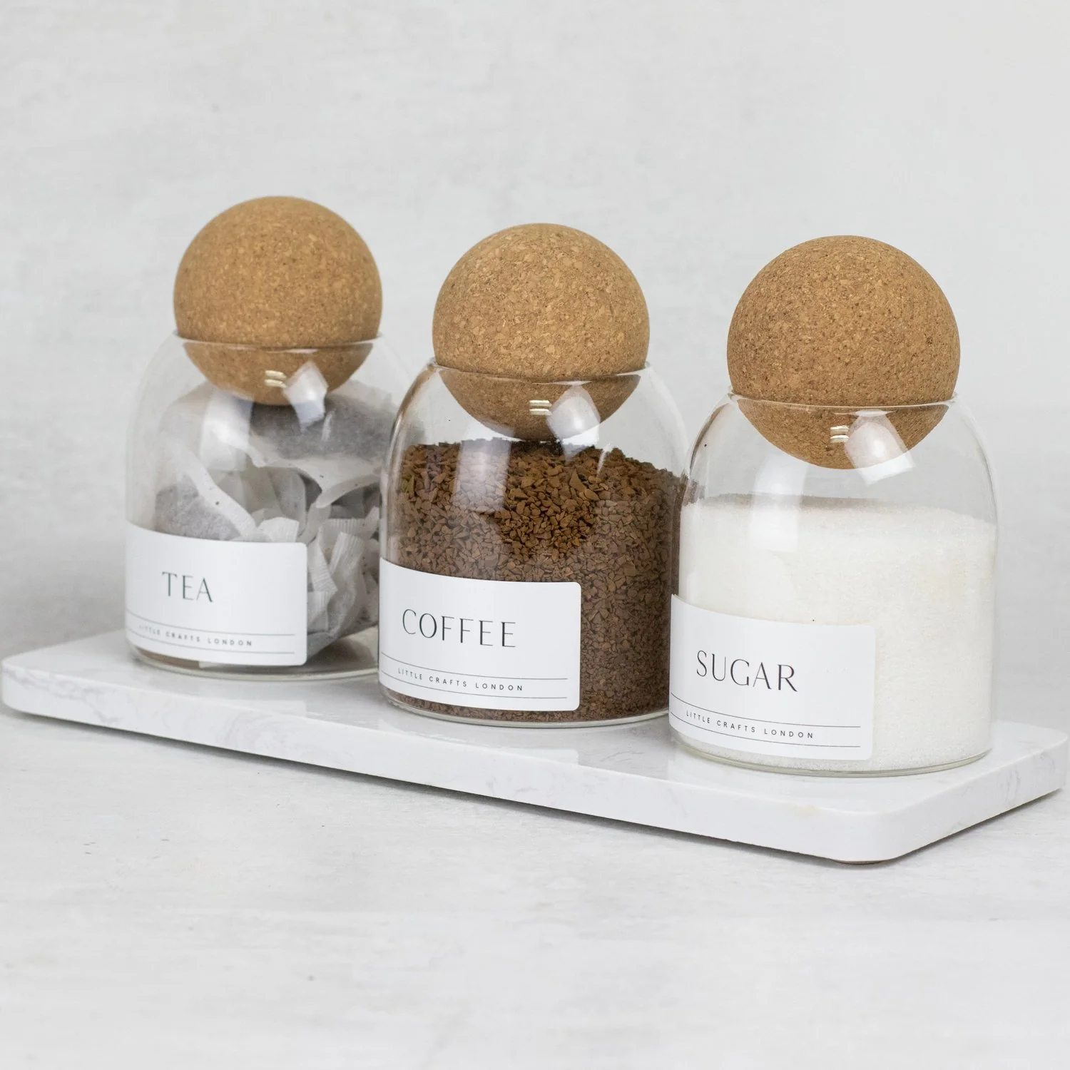 Set of 3 Cork Ball Glass Jars - Tea, Coffee and Sugar 500ml with Long Tray - Image 8