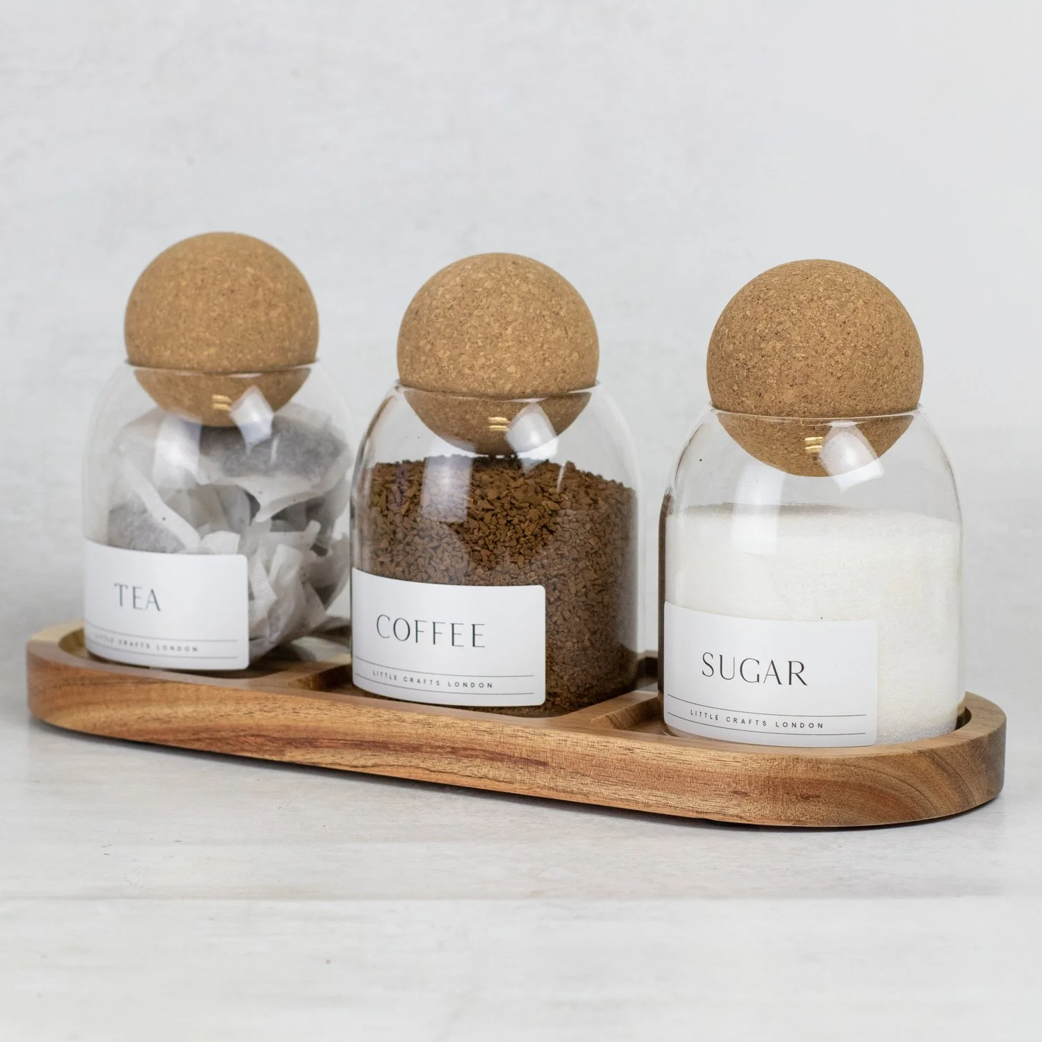 Set of 3 Cork Ball Glass Jars - Tea, Coffee and Sugar 500ml with Long Tray - Image 9