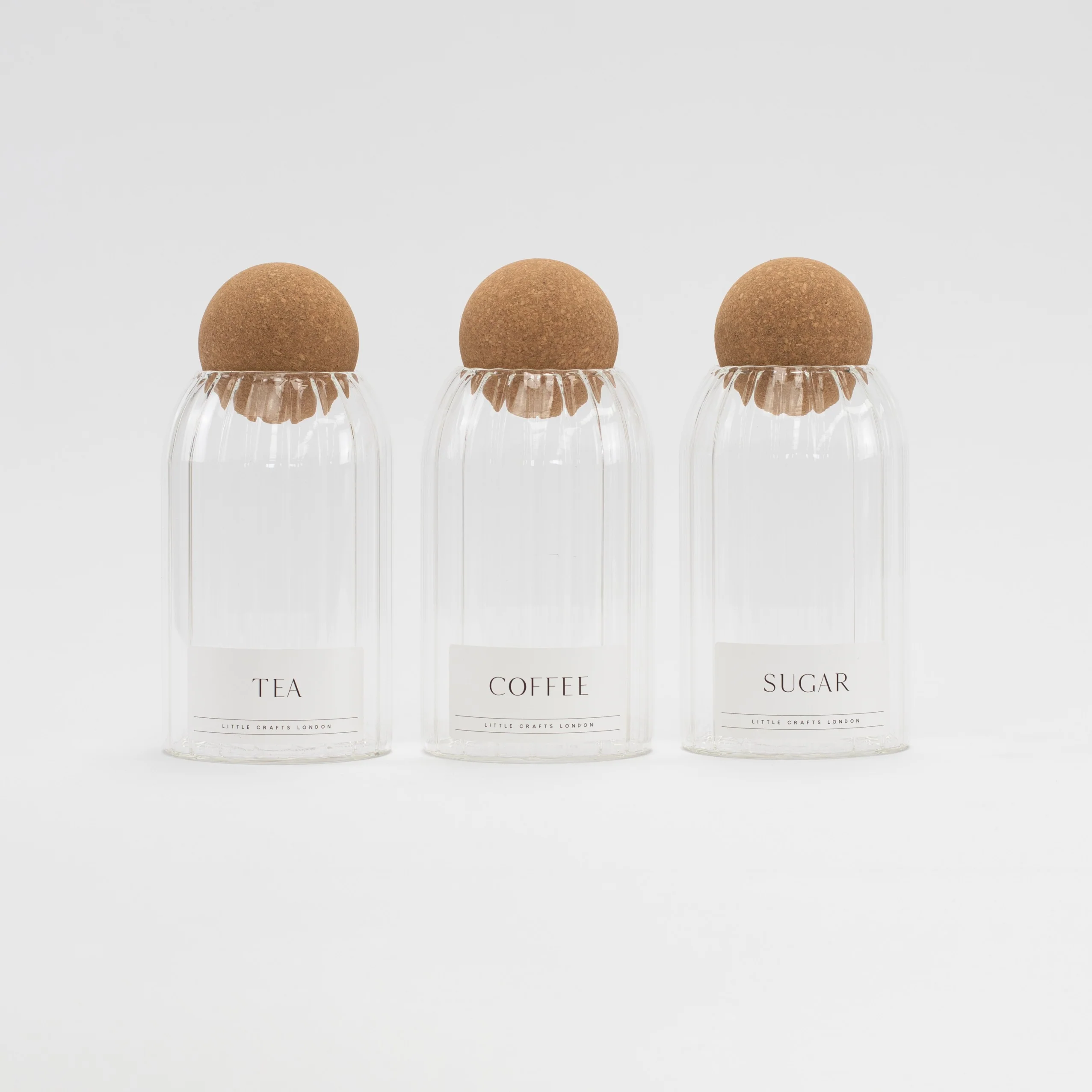 Set of 3 Cork Ball Glass Jars - Tea, Coffee and Sugar 800ml Ribbed - Image 4