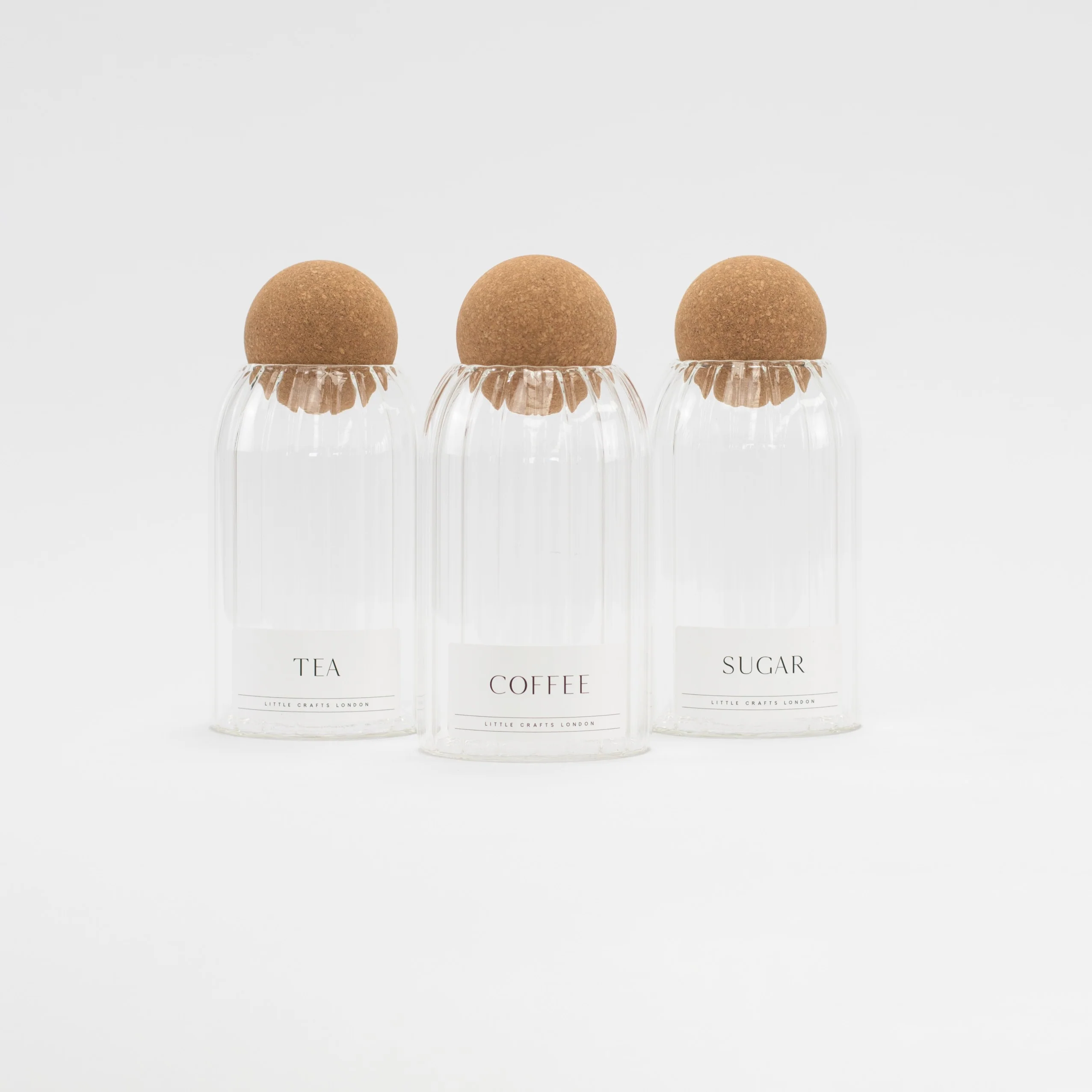 Set of 3 Cork Ball Glass Jars - Tea, Coffee and Sugar 800ml Ribbed - Image 5